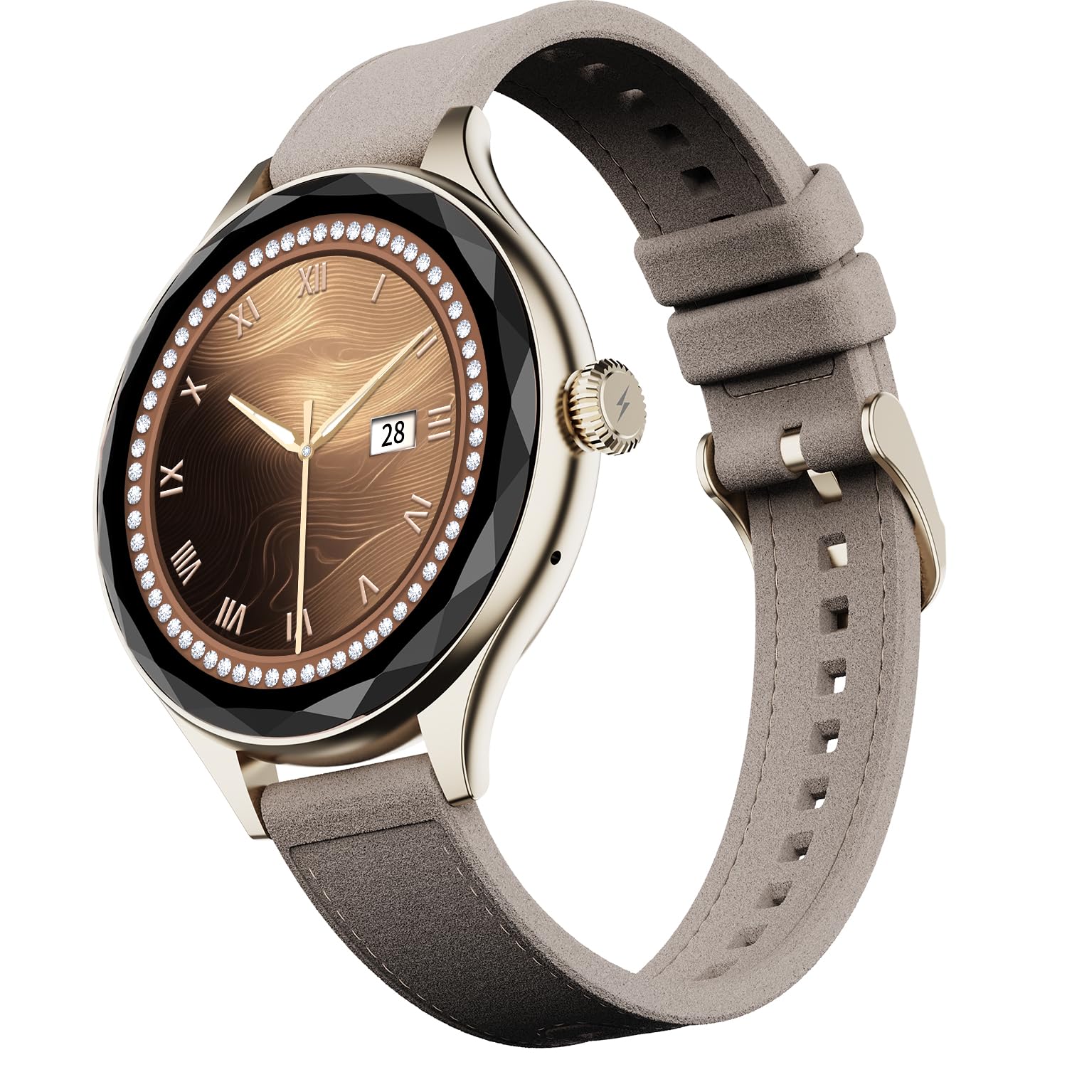Fire-Boltt Phoenix Aura Women Smart Watch with 1.26” Diamond-Cut HD Display, Rotating Crown, Wireless Charging, Bluetooth Calling, Voice Assistant, 120+ Sports Modes – Latte Brown