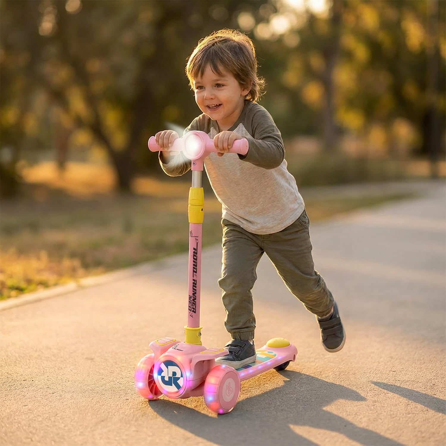 R for Rabbit Road Runner Neo Kick Scooter for Kids with Lights & Music, 4-Level Adjustable Height Gravity Steering, PU LED Wheels for 3+ Years Baby Boys & Girls, Up to 75 KG Weight (Pink Yellow)