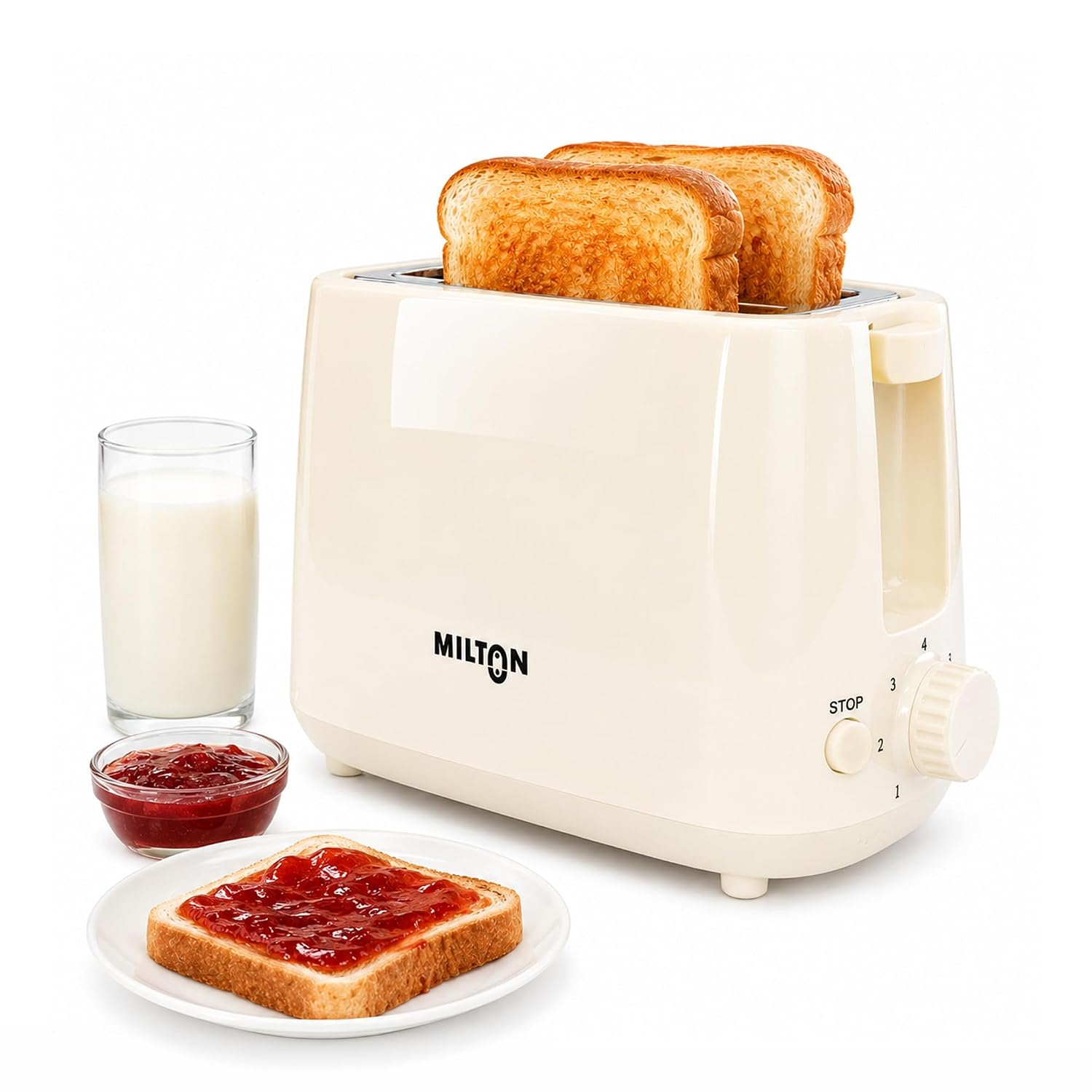 Milton Bread Toaster 2 Slice Auto Pop Up | 7 Level Heating Modes 650 Watts| Auto Shut Off | Removable Crumb Tray | Matt White