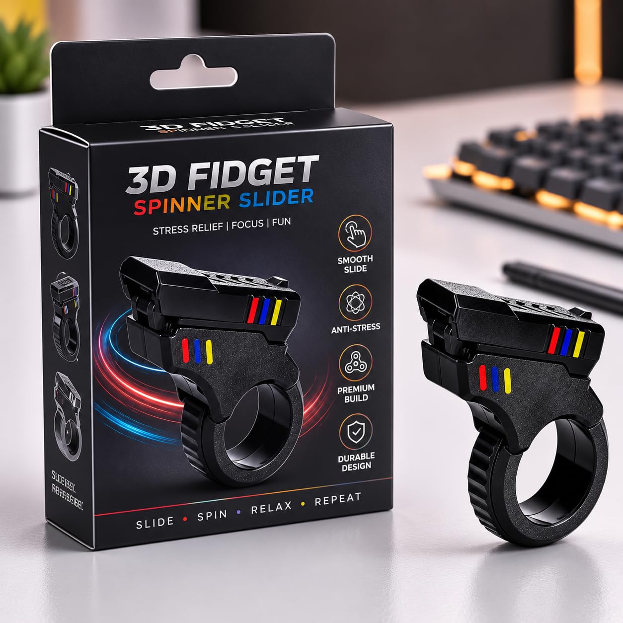 3D Fidget Spinner Slider Toy, EDC Finger Ring Pad Clicer Pistol Hand Roller Desk Sensory Play Toy Adult Toys Stainless Steel, Cool Toys for Adults for Anxiety and Stress ADHD for Office Desk, Black