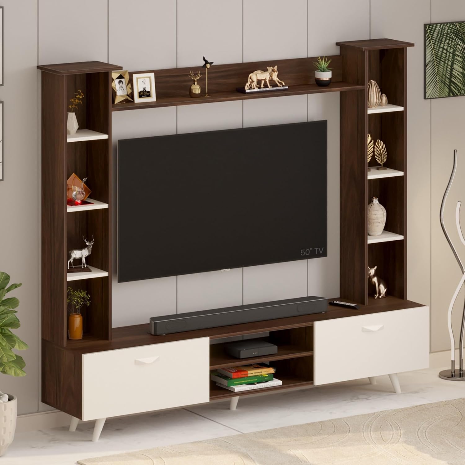 BLUEWUD Pinn Modern TV Unit/TV Stand/TV Cabinet Panel/Entertainment Center with Storage & Display Shelves for Books & Décor, Living Room Fits Upto 60 Inches – (Brown Maple/White) (Pinn Modern TV Unit)
