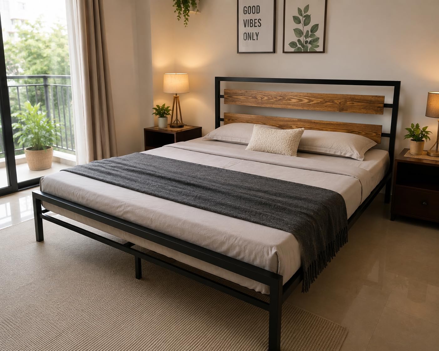 Bed Wooden Queen Size BedFrame | 6×5 Solid Wood & Heavy Duty Metal Bed|Queen SizeBed| WoodenBed | Queen Iron & Steel Cot | Platform Bed |Heavy Duty Sheesham WoodBed |Powder Coated Bed 72 x 60 Inch
