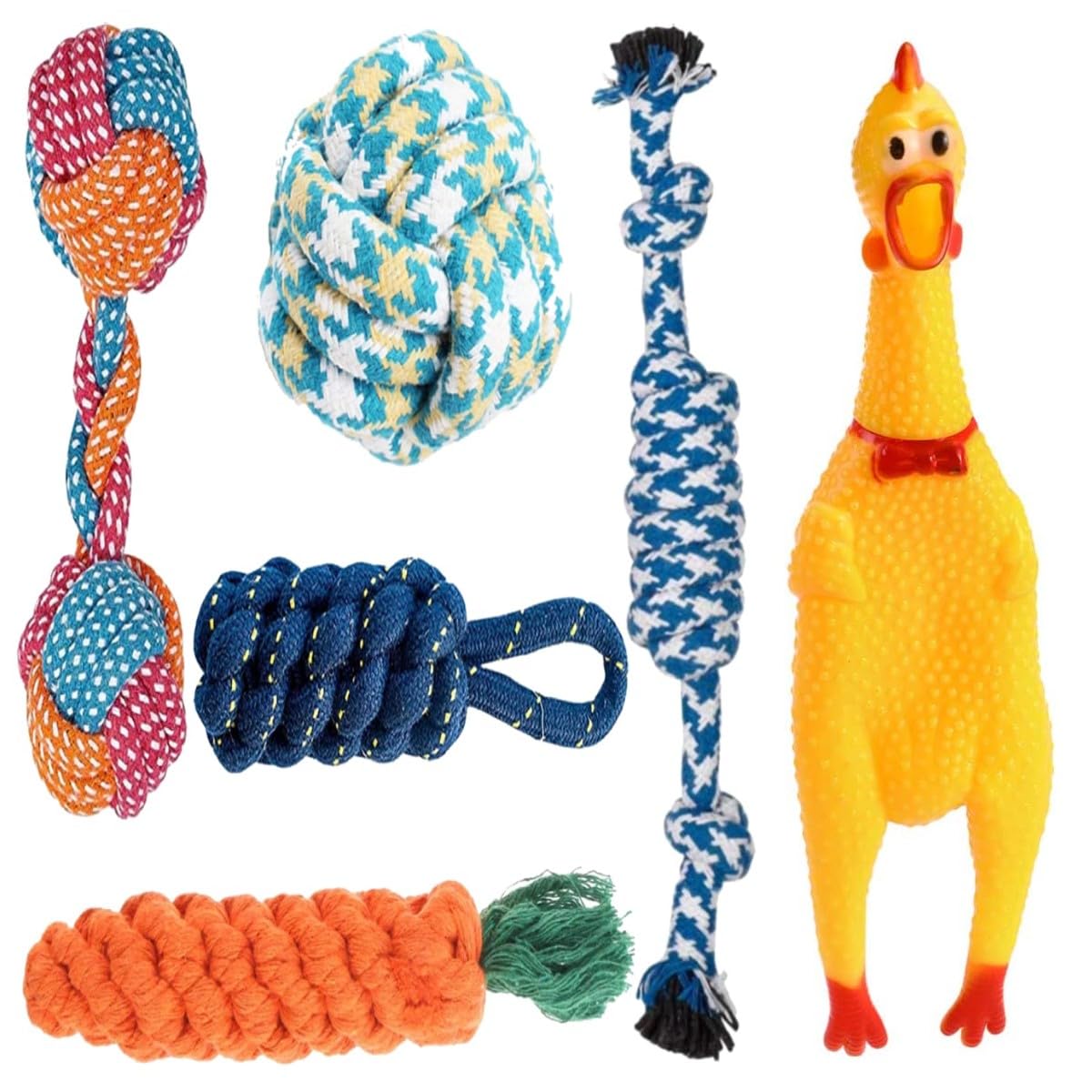 Dog Toy Set – Tail, Chew, Puppy Teething, Rope, Squeaky Toys for Small to Medium Dogs (Pack of 6)