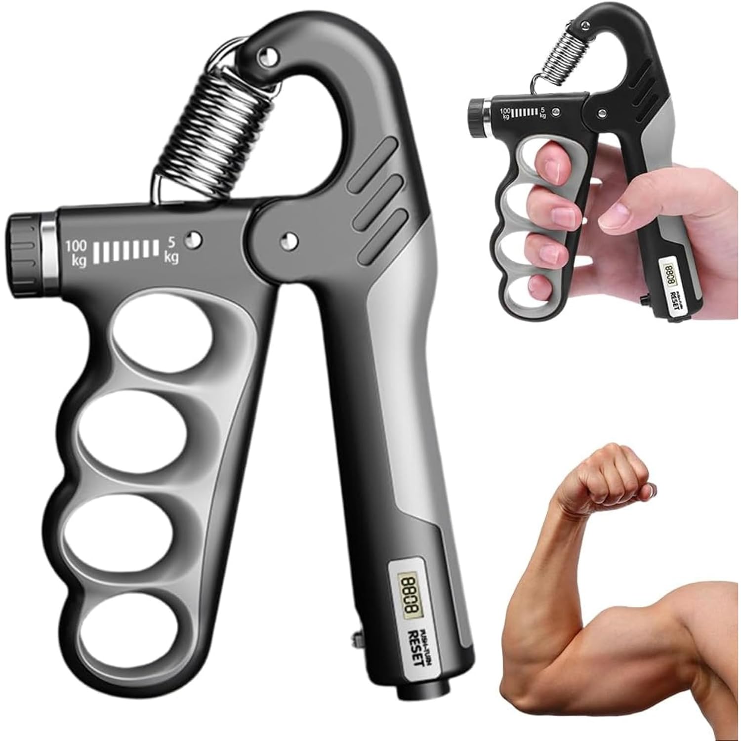 SKYCELL Adjustable Hand Gripper (5kg–100kg) | Metal Hand Gripper Combo with Counter for Hand Strength Training (Grey & Black)