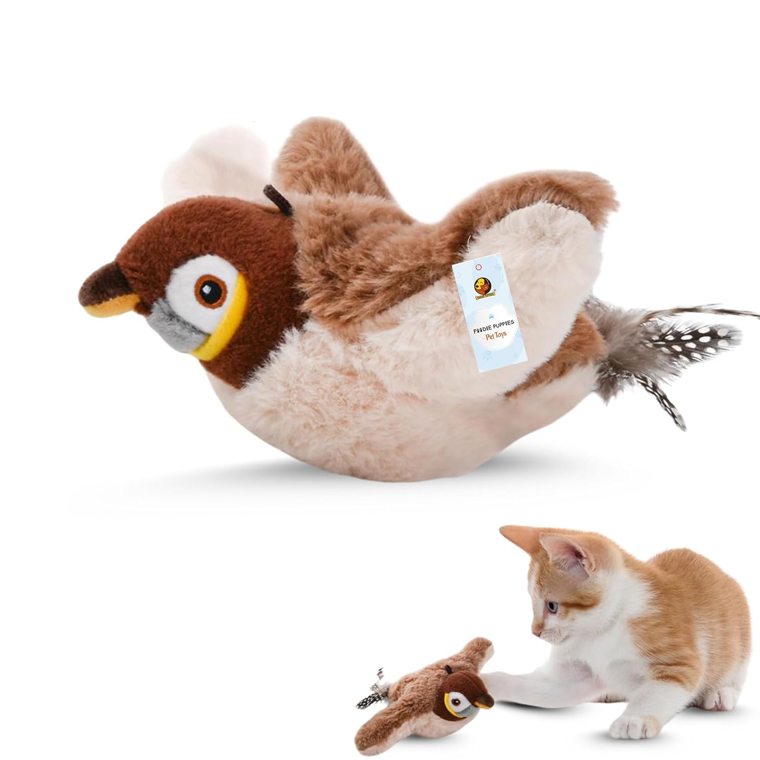 Foodie Puppies Flapping Sparrow Cat Toy with Catnip | Interactive 3 Mode Flapping Bird, Touch Activated, USB Rechargeable Chirping Plush Toy for Puppies, Cats & Kittens | Charge Before Use