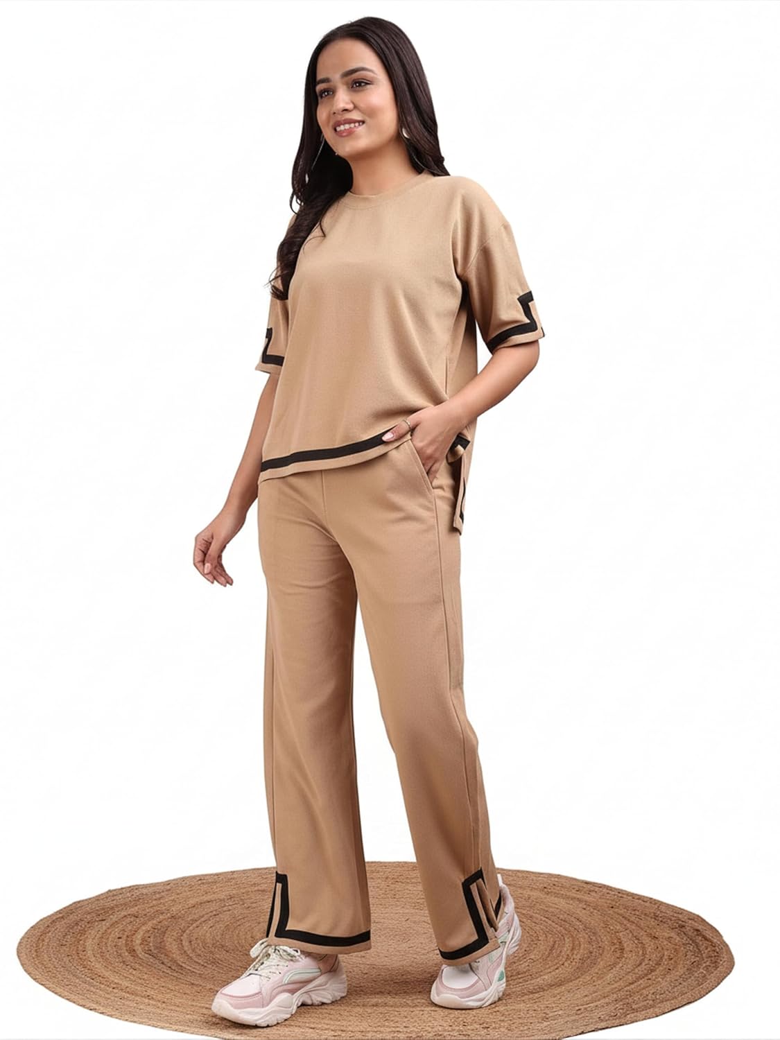 ELLITI Women’s Co-ord Set, Down Short Sleeve Top and Wide Leg Trousers with White Trim