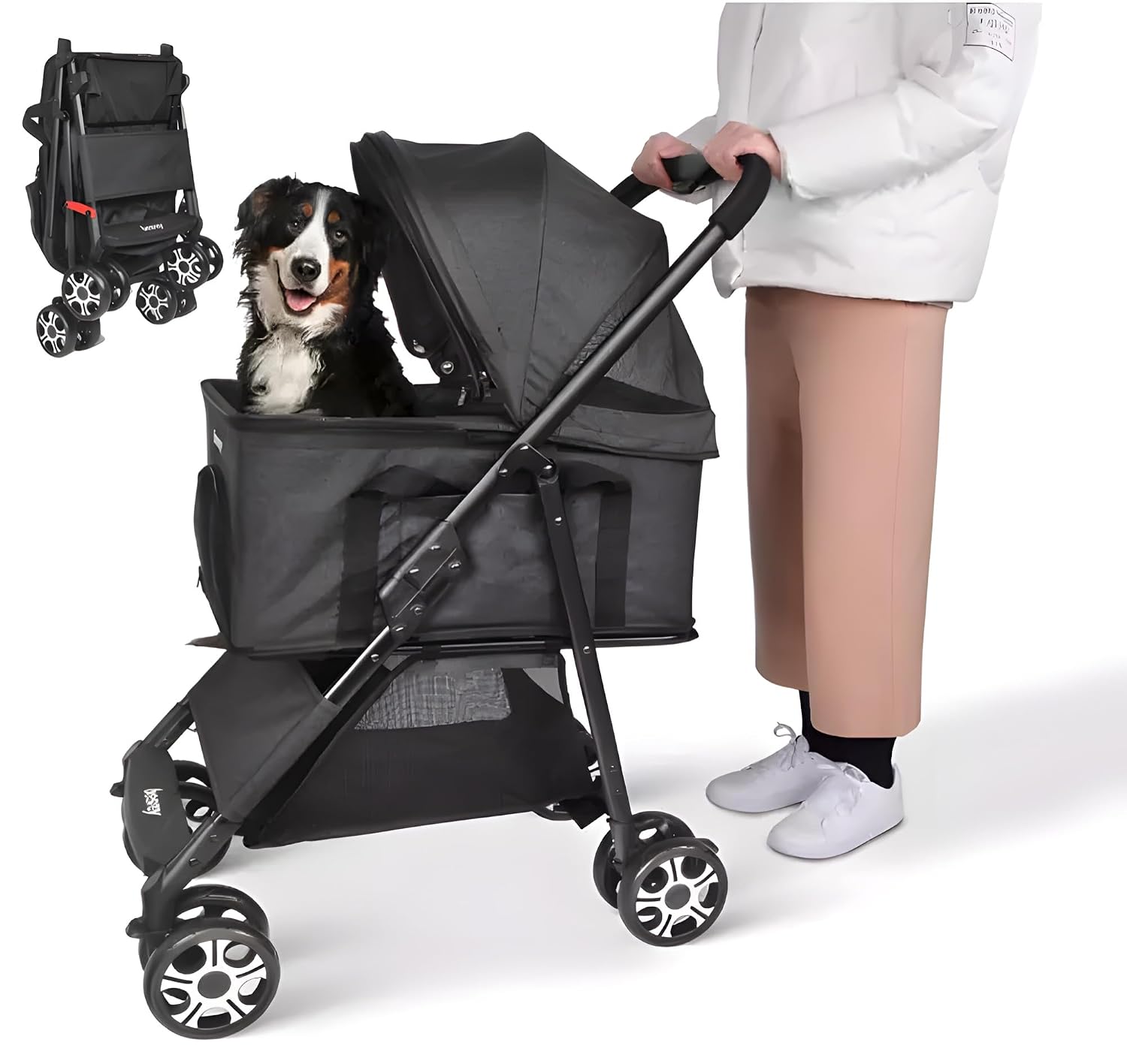 Pet Pram Stroller for Cats and Small Dogs Walks Folding Travel Carrier with Wheels, Black