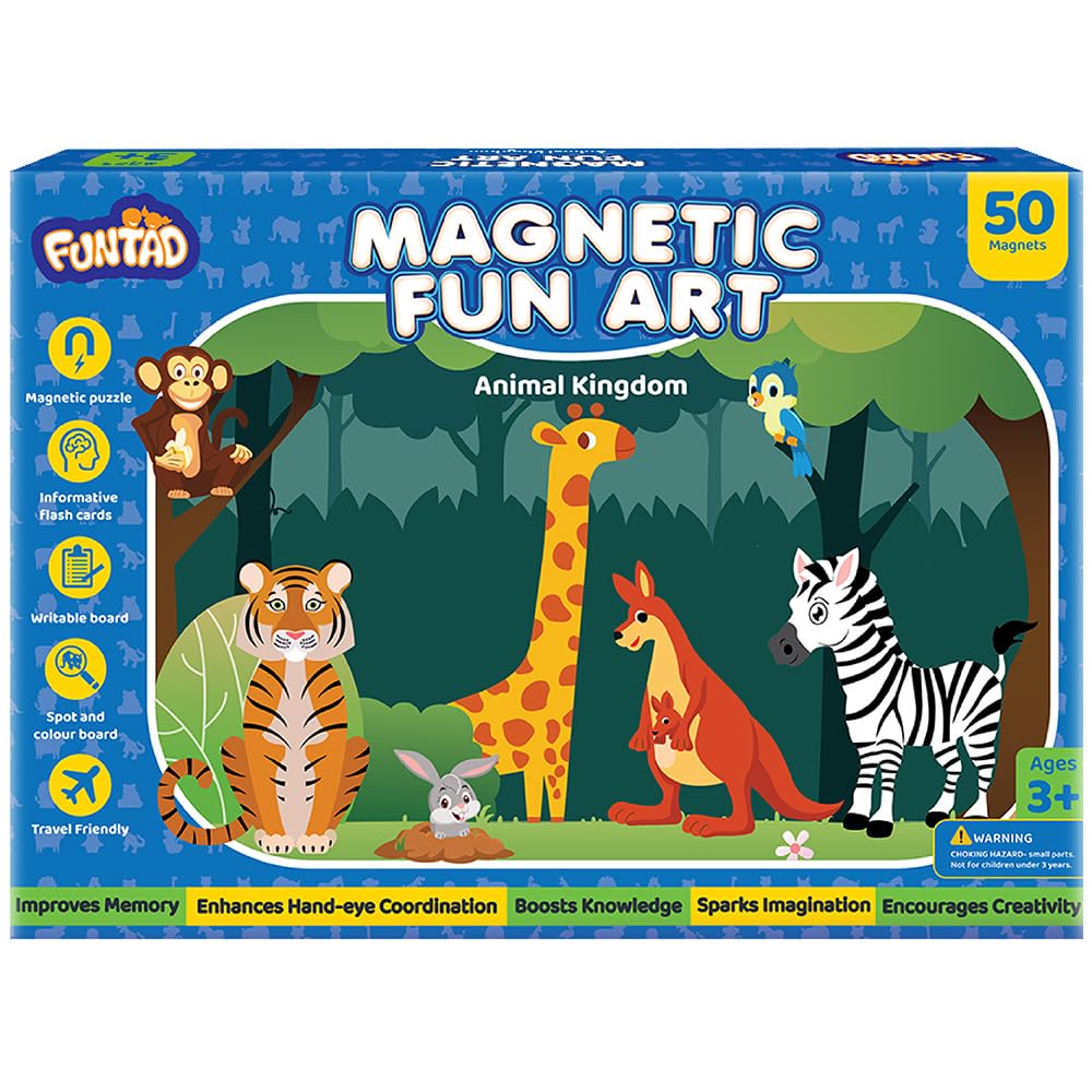 Magnetic Fun Art Puzzle – Animals|4-in-1 Travel Friendly Educational Toy with Writable Board|50 Magnetic Pieces |Birthday Gift for Boys & Girls Age 3,4,5 & 6 yrs