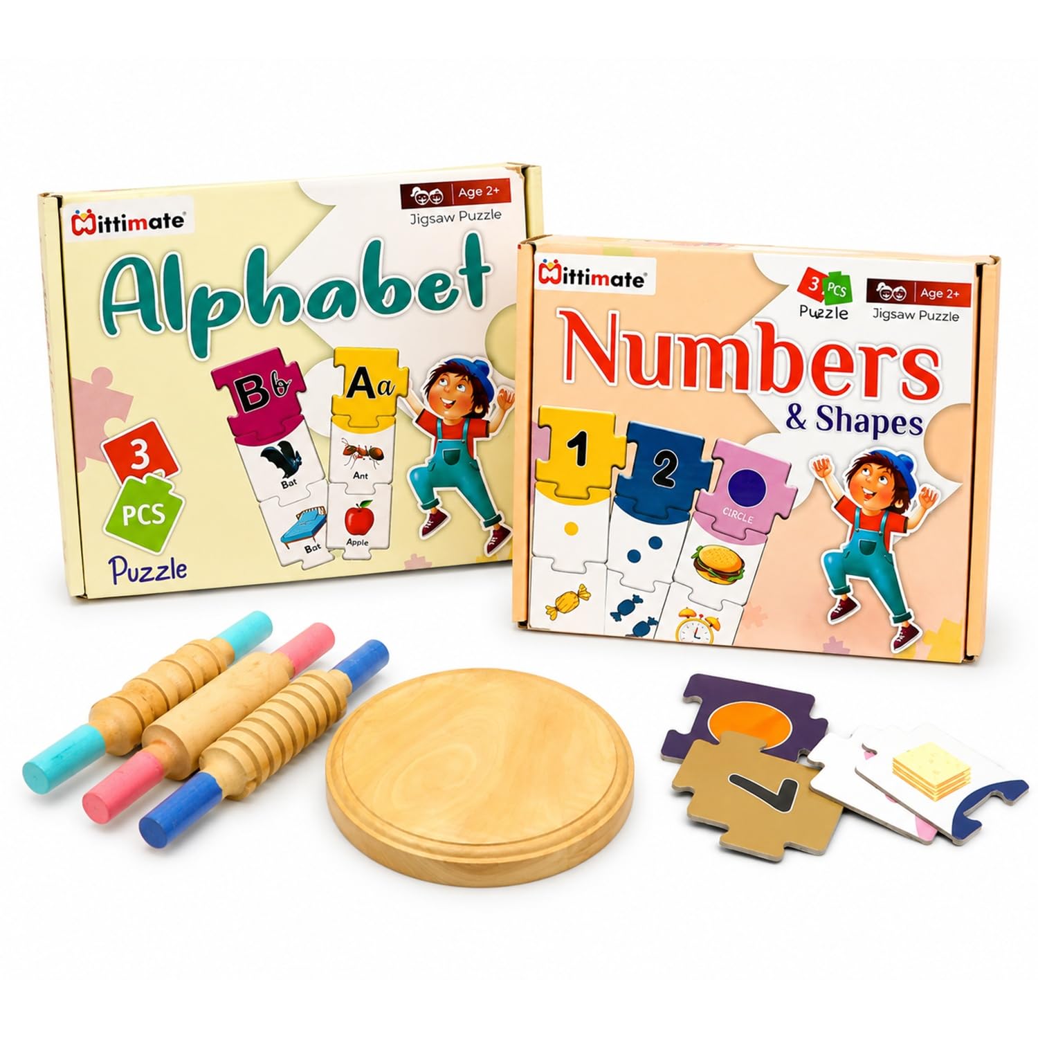 3-in-1 Alphabet & Numbers Learning Combo for Kids 2+ Years | Alphabet Puzzle, Numbers & Shapes Jigsaw Puzzle with Wooden Rolling Pin Board Set | Educational Preschool Toy Gift