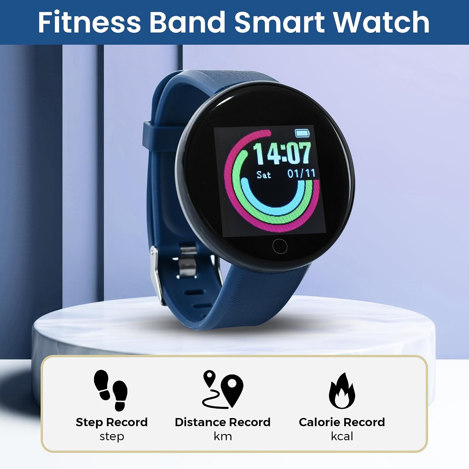 Bouncefit M I D18 Round Fitness Band Smart Watch for Men, Women, Boys, Girls, Kids – Single Touch Interface, Water Resistant, Workout Modes, Quick Charge Sports Smartwatch – Blue (GG)