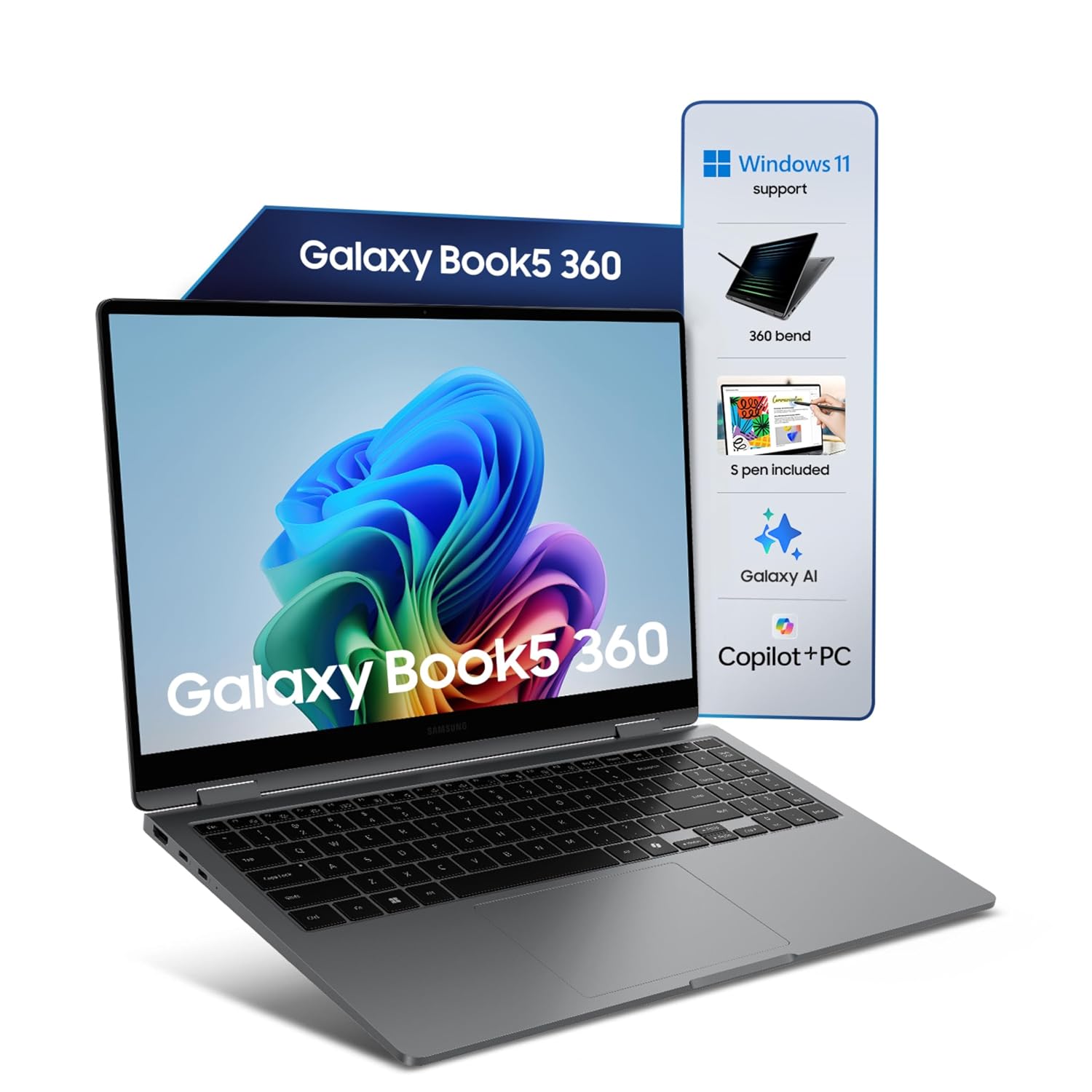 Samsung Galaxy Book5 360 | Intel Evo Core Ultra 5 226V | Built-in AI | 15.6″ (39.6cm) Touchscreen 2-in-1 AMOLED 60Hz | 500 Nits (16GB/512GB SSD/Intel Arc/Win11/MSO’21/Gray/1.46kg) | S-Pen Included