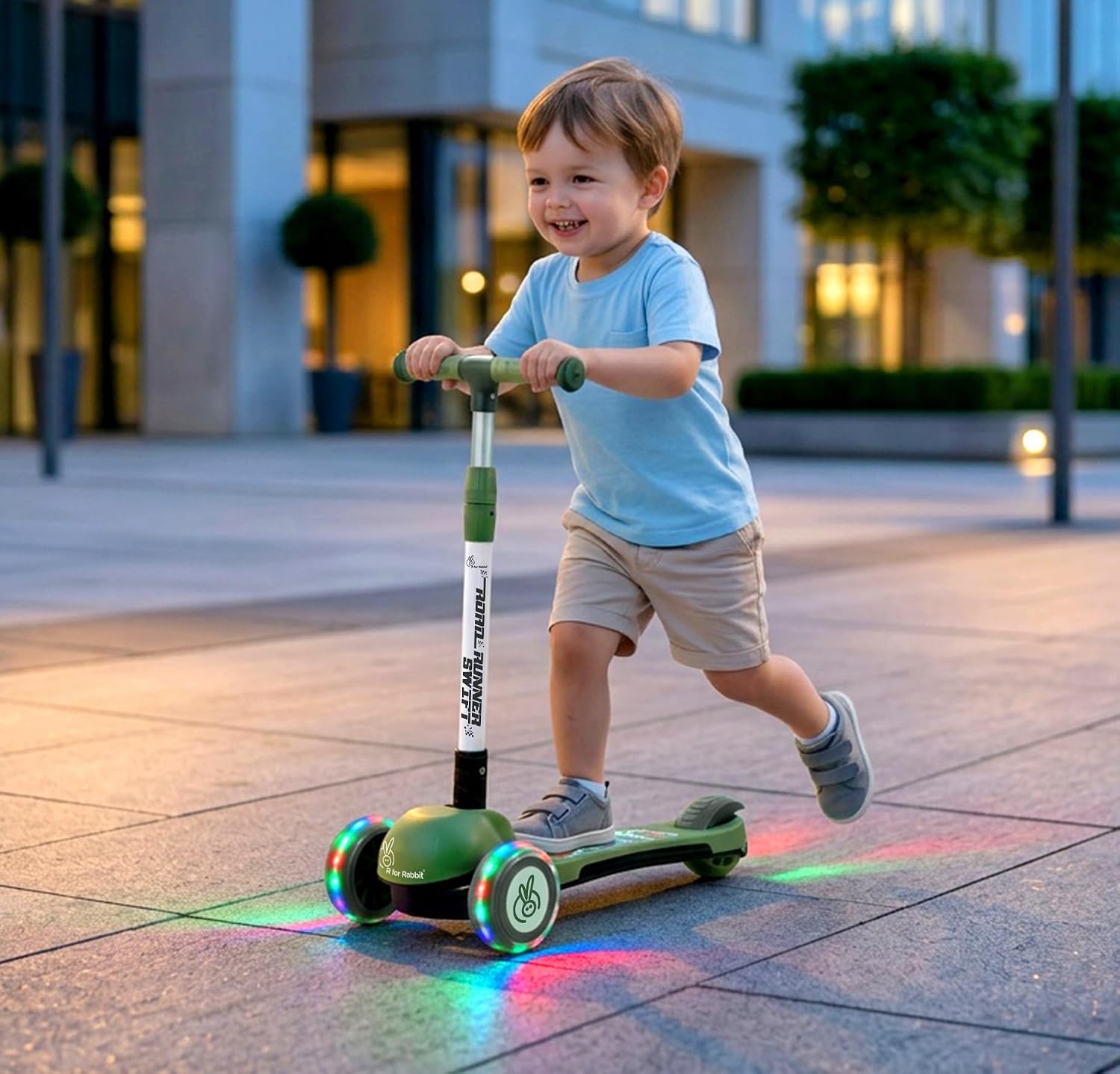 R for Rabbit Road Runner Swift Kick Scooter for Kids with 3-Level Adjustable Height, Smart Fold & PU LED Wheels, Rear Brake for 3+ Years Baby Boys & Girls, Up to 75 KG Weight (Military Green)