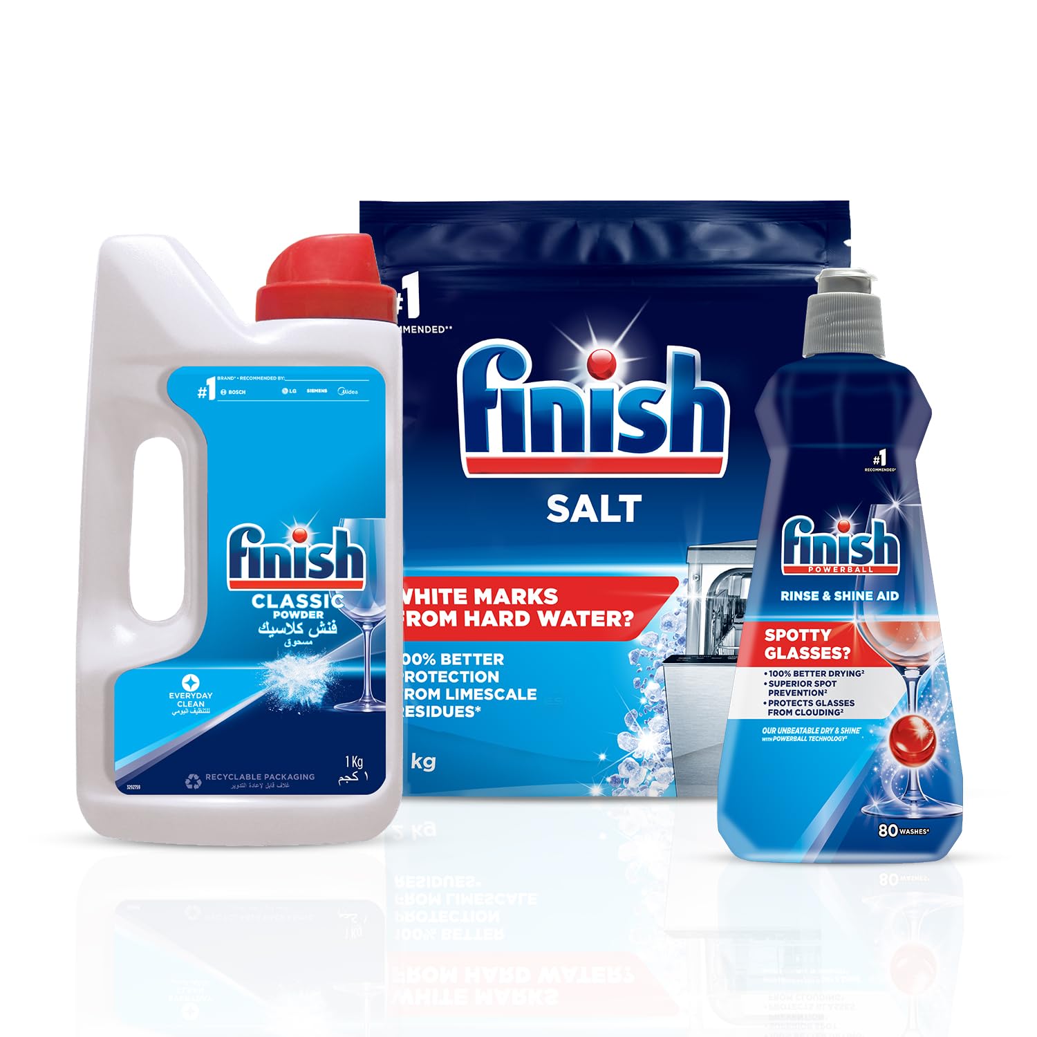 Finish Dishwasher Rinse Aid Liquid, Shine & Dry – 400ml + Dishwasher Salt – 2Kg + Dishwasher Detergent Powder- 1Kg | World’s #1 Recommended Dishwashing Brand