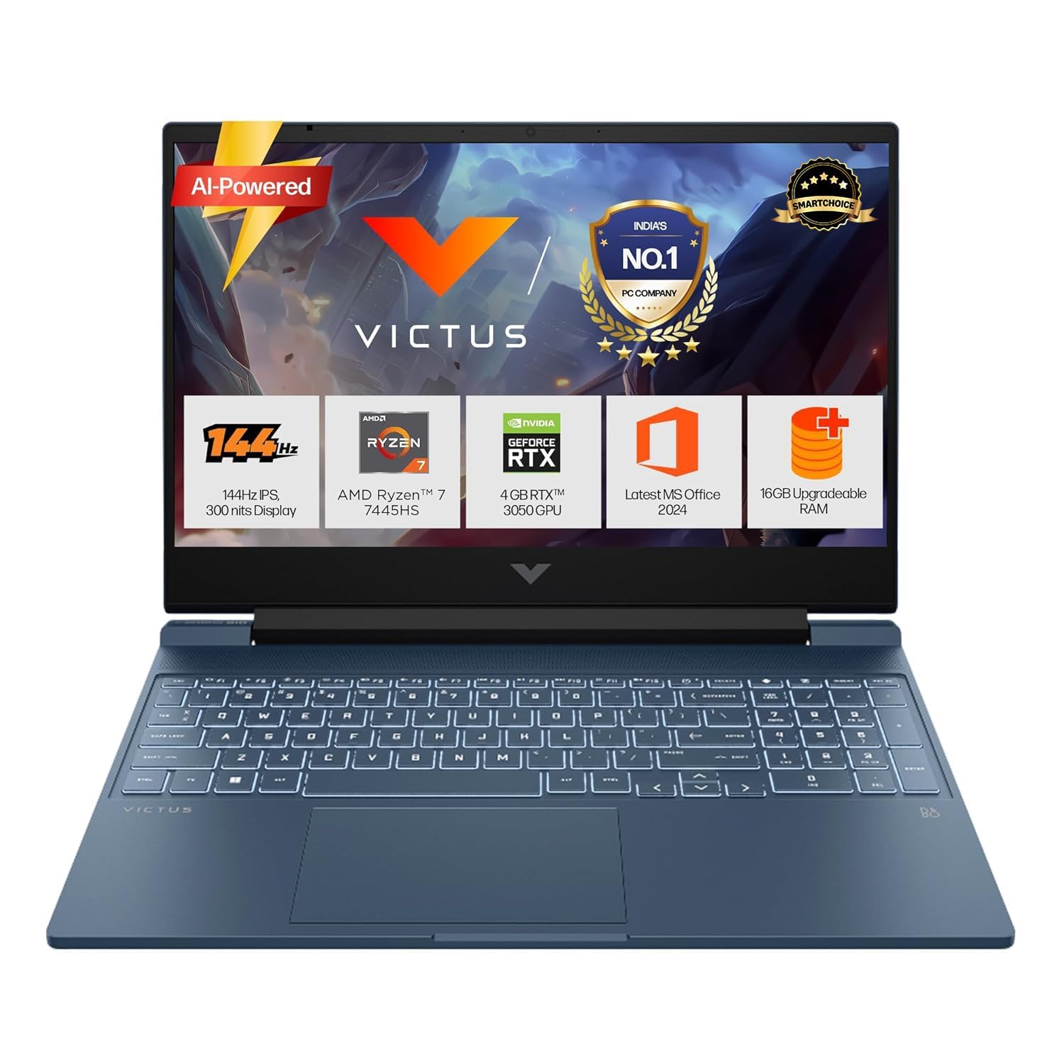 HP Smartchoice Victus, AMD Ryzen 7 7445HS, 6GB RTX 3050, 16GB DDR5(Upgradeable) 512GB SSD, 144Hz, 300 nits, 15.6”/39.6cm, Win 11, Office 24, Blue, 2.29kg, fb3134/20ax, Xbox Gamepass*, Gaming Laptop