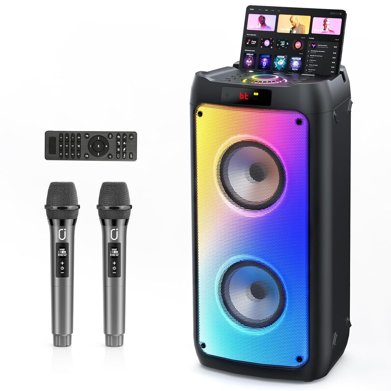 JYX 260W Trolley Party Speaker, 12 Hours Playtime with 2 UHF Wireless Mics, Bluetooth v5.3, Karaoke Party Box, TWS, 6.35mm Guitar Mic Inputs & 7 Band EQ Control, AUX & USB Type-C Port, RGB LED Lights