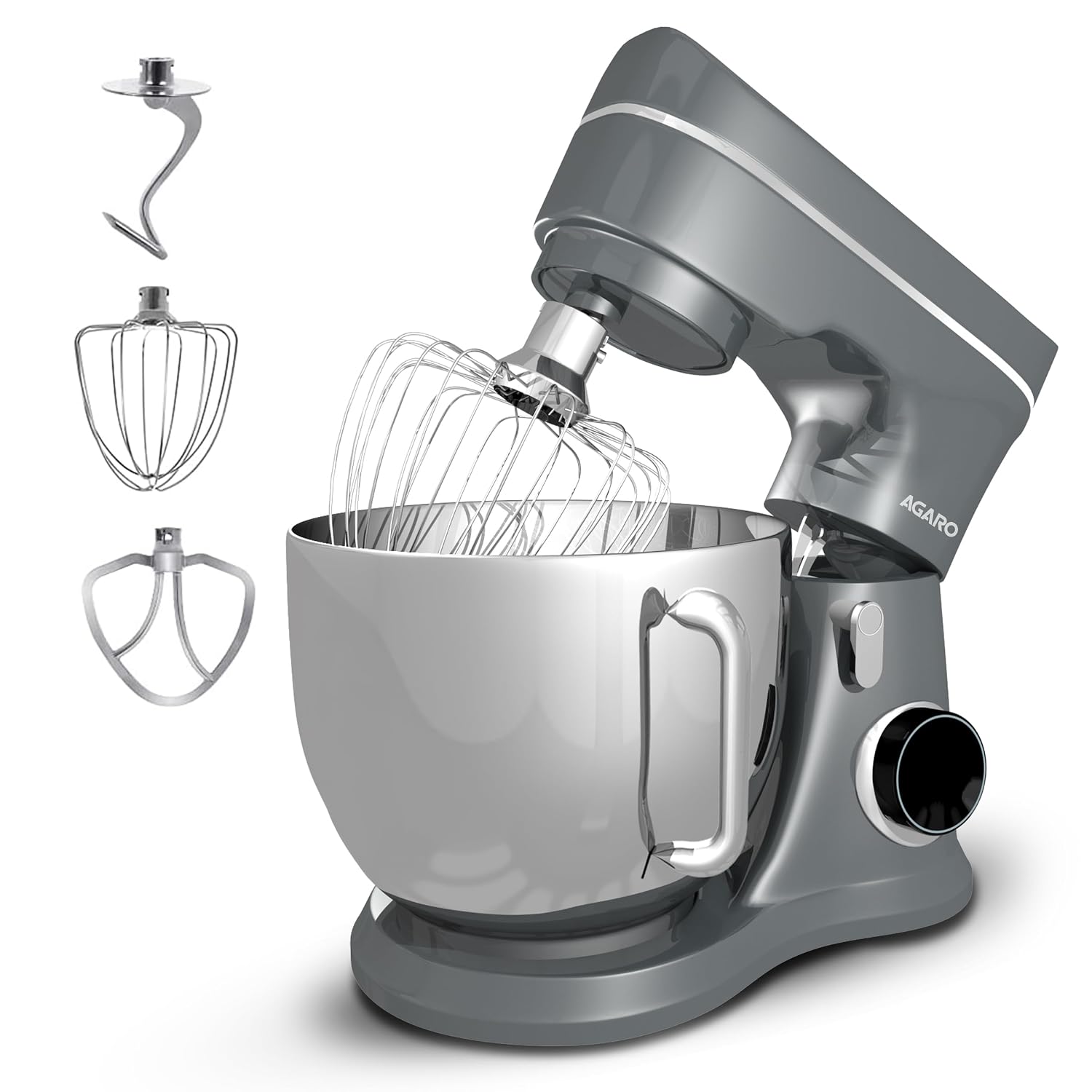 AGARO Elegant Stand Mixer, Dough Maker Machine, 1400W Atta Maker, 100% Copper Motor, 5.5L SS Bowl, 10 Speed + Pulse Function, Whisker, Beater, Dough Hook & Splash Guard, 2 Years Warranty, Grey