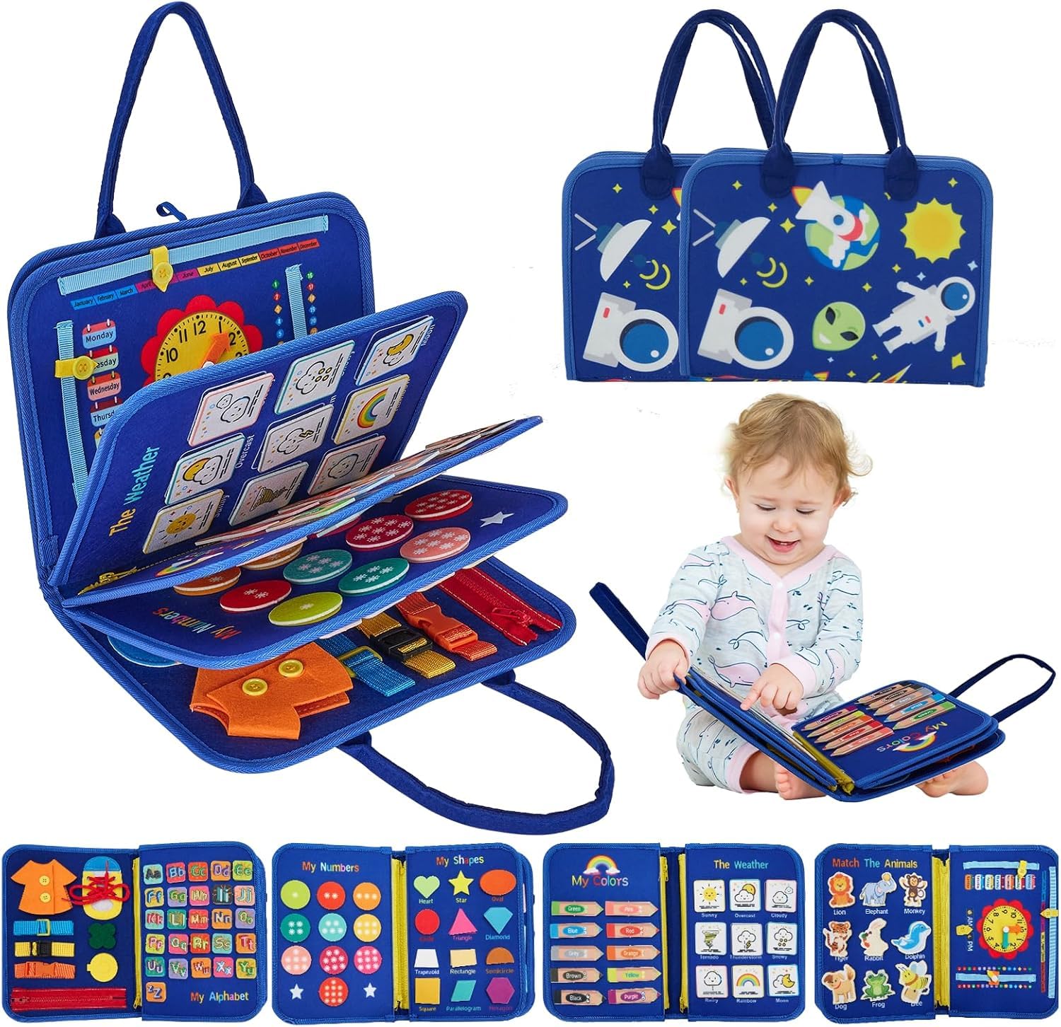 Qlect 12 in 1 Toddler Busy Binder & Busy Book for Toddlers 1-3 Years – Montessori Busy Board & Activity Book for Kids 2-4 – Engaging Toys for 2-3 Years – Educational Busy Book for Learning., Blue