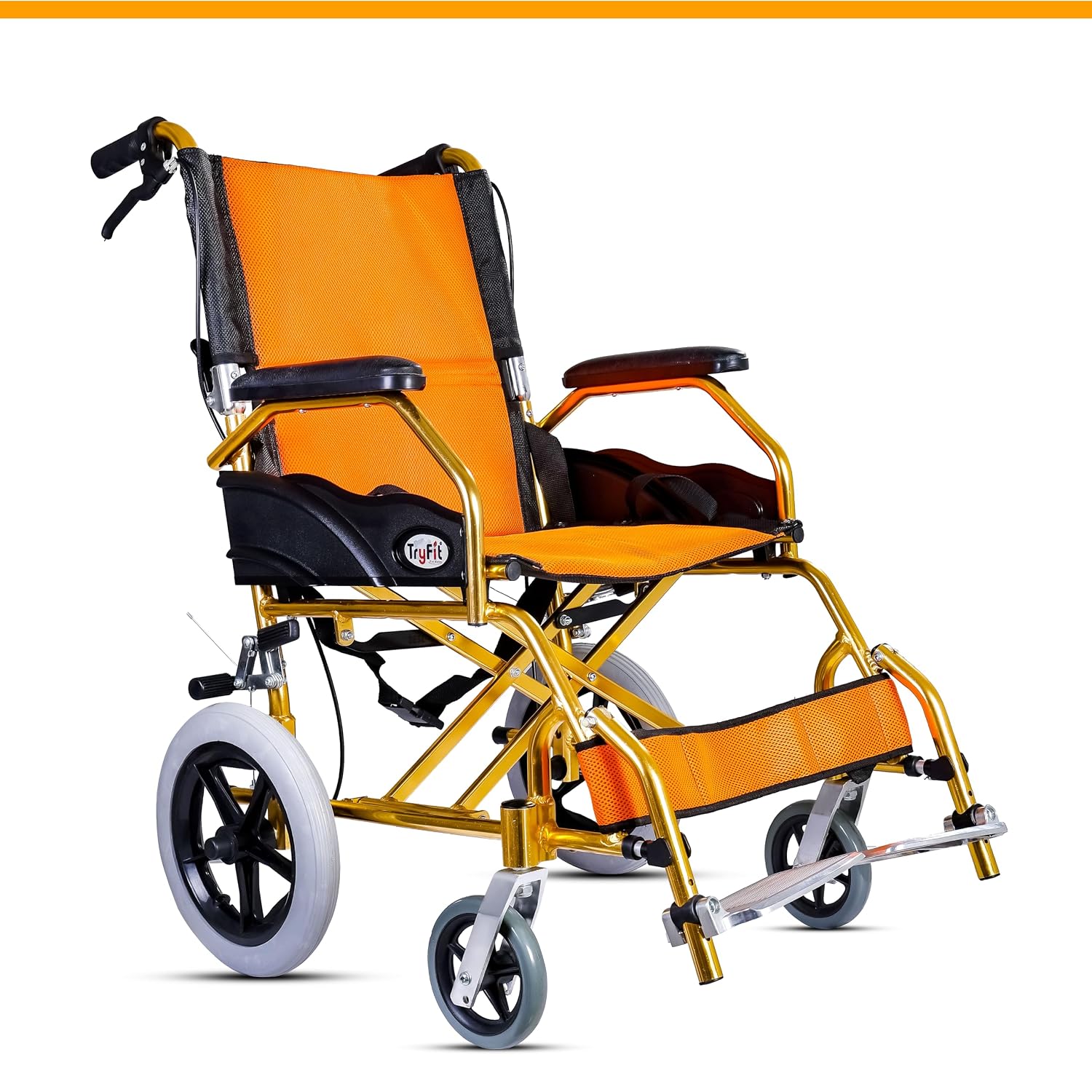 TryFit Foldable Travel Advance Wheelchair Lightweight Aluminium Alloy Frame Solid PU Tyres 12 Inch Rear Wheels 360° Front Rotation Breathable Mesh Seat Portable Wheelchair with Swing Footrest 110 Kg
