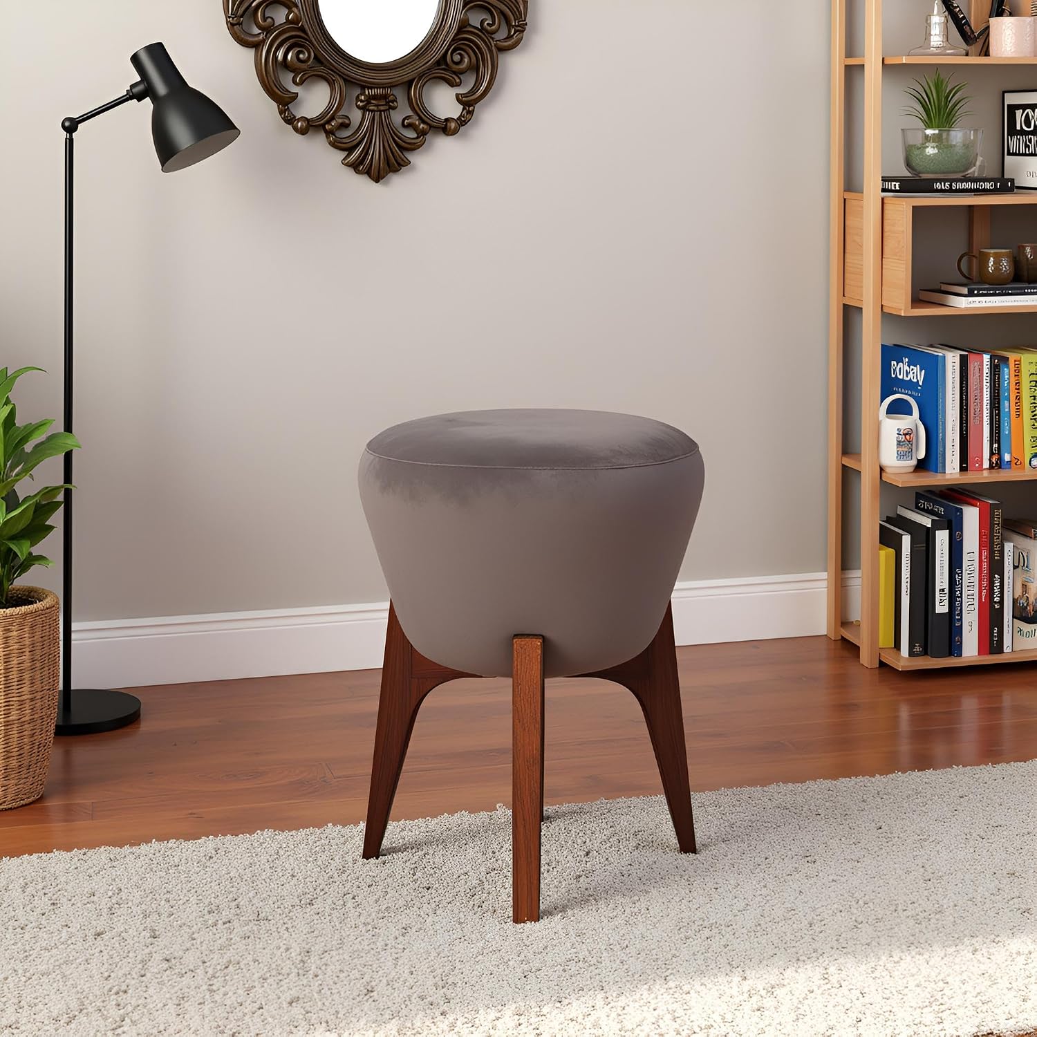 Ottoman Stools for Living Room | Pouffes for Sitting, Foot Rest with Four Wooden Legs | 16-Inch Height, | Chic & Cosy Furniture for Interior Design 2 Walnut-Brownish Grey