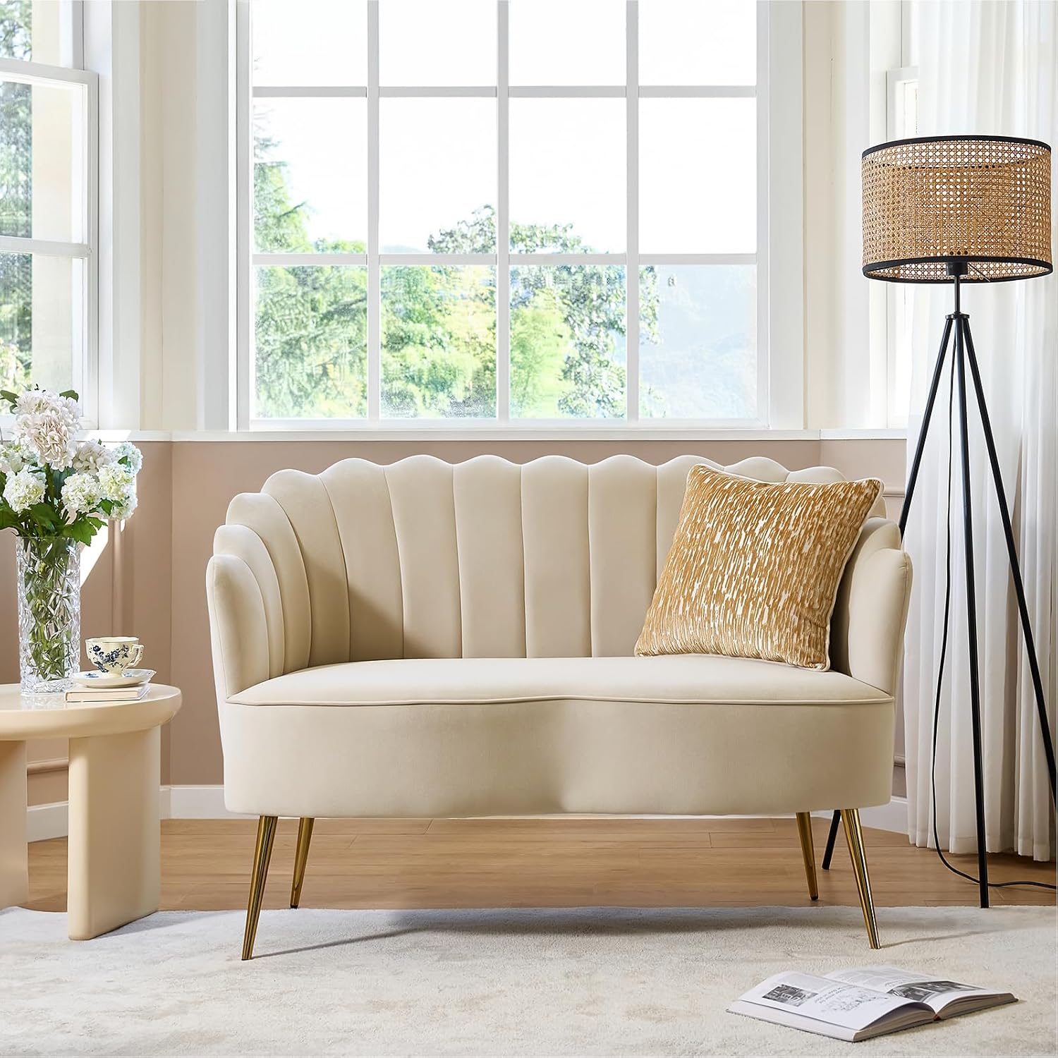 HULALA HOME Modern Velvet Loveseat Sofa with Flower Shaped Back, Comfy Upholstered 2-Seater Sofa with Gold Metal Legs, Small Love Seat Accent Couch for Living Bedroom Leisure Areas, Tan