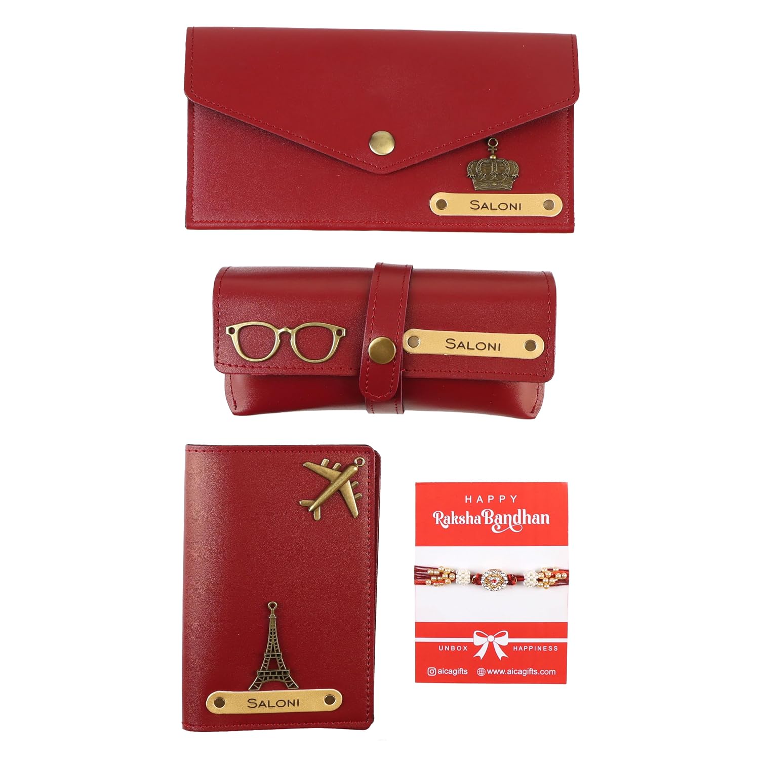 AICA Personalized Name Leather Womens Wallet Rakhi Combo (Wine) | Rakhi for Sister | Rakhi Gift Hamper for Sister | Rakshabandhan Gift for Sister