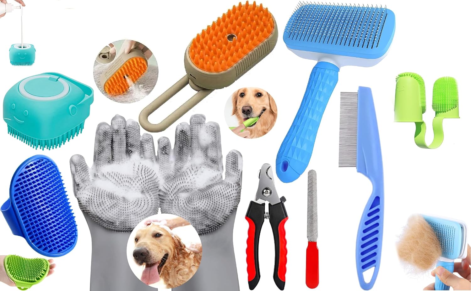 Deriz 8 in 1 Pet Grooming Kit Dog Cat Deshedding Brush Bath Scrubber Grooming Glove Claw Clipper File Comb Fur Remover Finger Toothbrush Shedding Control Cleaning Care Home Use Puppy Kitten Animal Hygiene