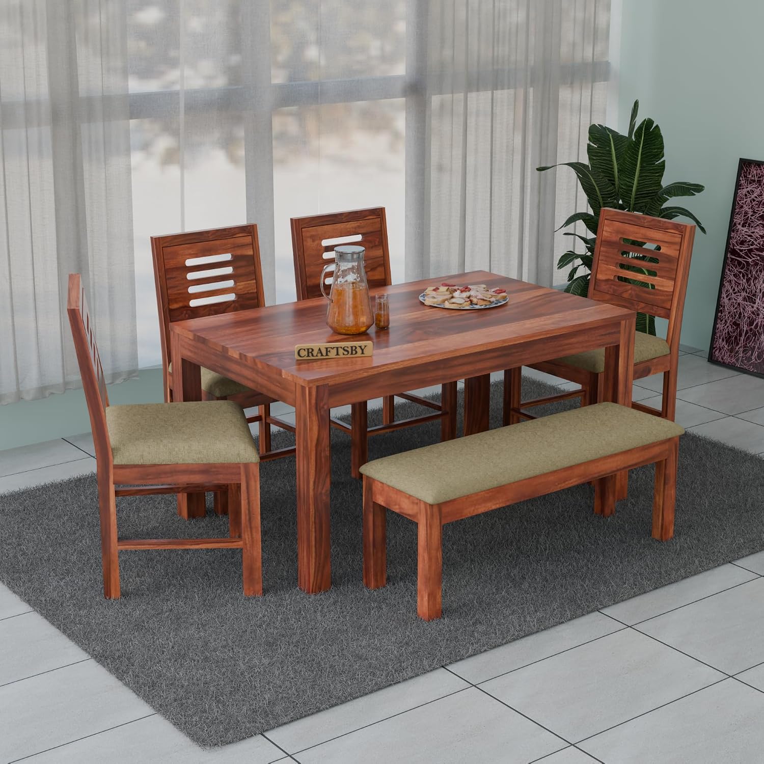 57 Inch Length Solid Sheesham Wood 6 Seater Dining Table Set | Six Seater Dinner Table with 4 Cushions Chairs & 1 Bench | Dinning Table Set 6 Seater for Living Room | Honey Finish