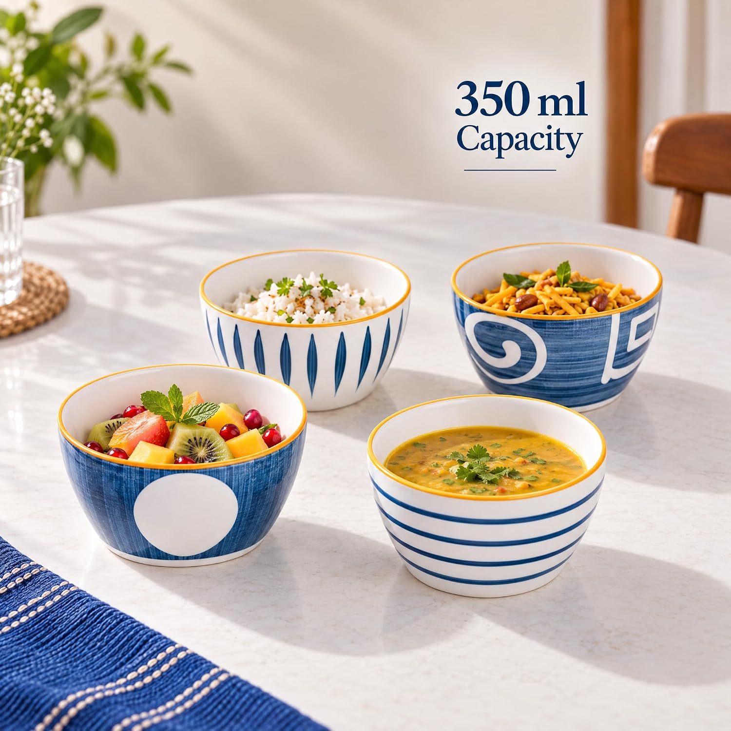 Nestasia 350ml Ceramic Bowl Set of 4, Microwave & Dishwasher Safe, BPA & Lead-Free Snack & Soup Bowls, Elegant White & Blue Crockery Set for Gift, Everyday Serving & Dining