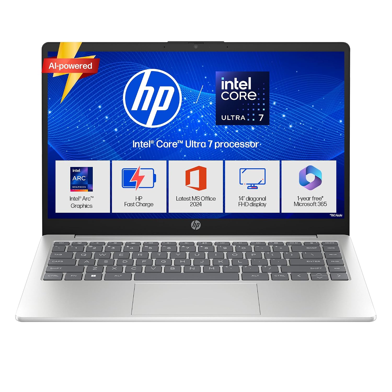HP 14 AI PC Intel Core Ultra 7 – (24 GB/1 TB SSD/Windows 11 Home) 14-ep1181TU Thin and Light Laptop (14 Inch, Natural Silver, 1.4 kg, with MS Office)