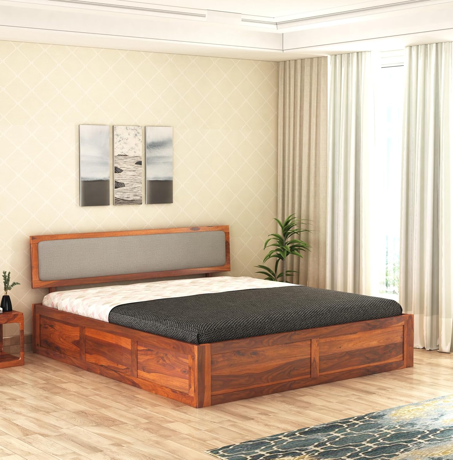 Wooden Queen Size Bed with Storage | Double Bed Cot Bed with Box Storage & Upholstered Cushioned Headboard for Bedroom | Sheesham Wood, Honey Finish, Recommended Mattress Size: 78 X 60