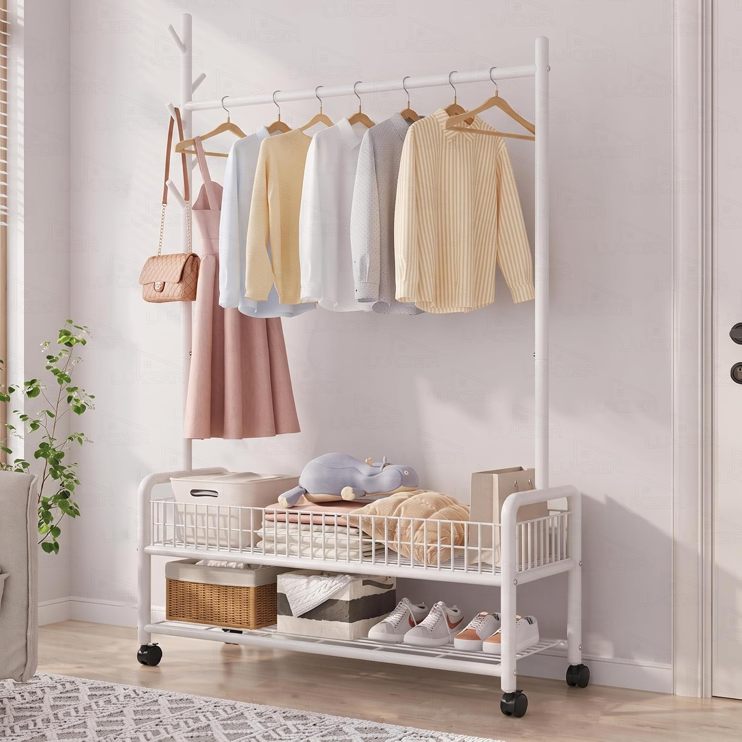 Lukzer | MGR-002 | White | Metal Cloth Stand & Garment Rack with Wheels, 2 Bottom Shelves & Single Rod – Space-Saving Clothes Organizer for Bedroom, Laundry, Entryway & More | 173 x 90 x 34 cm