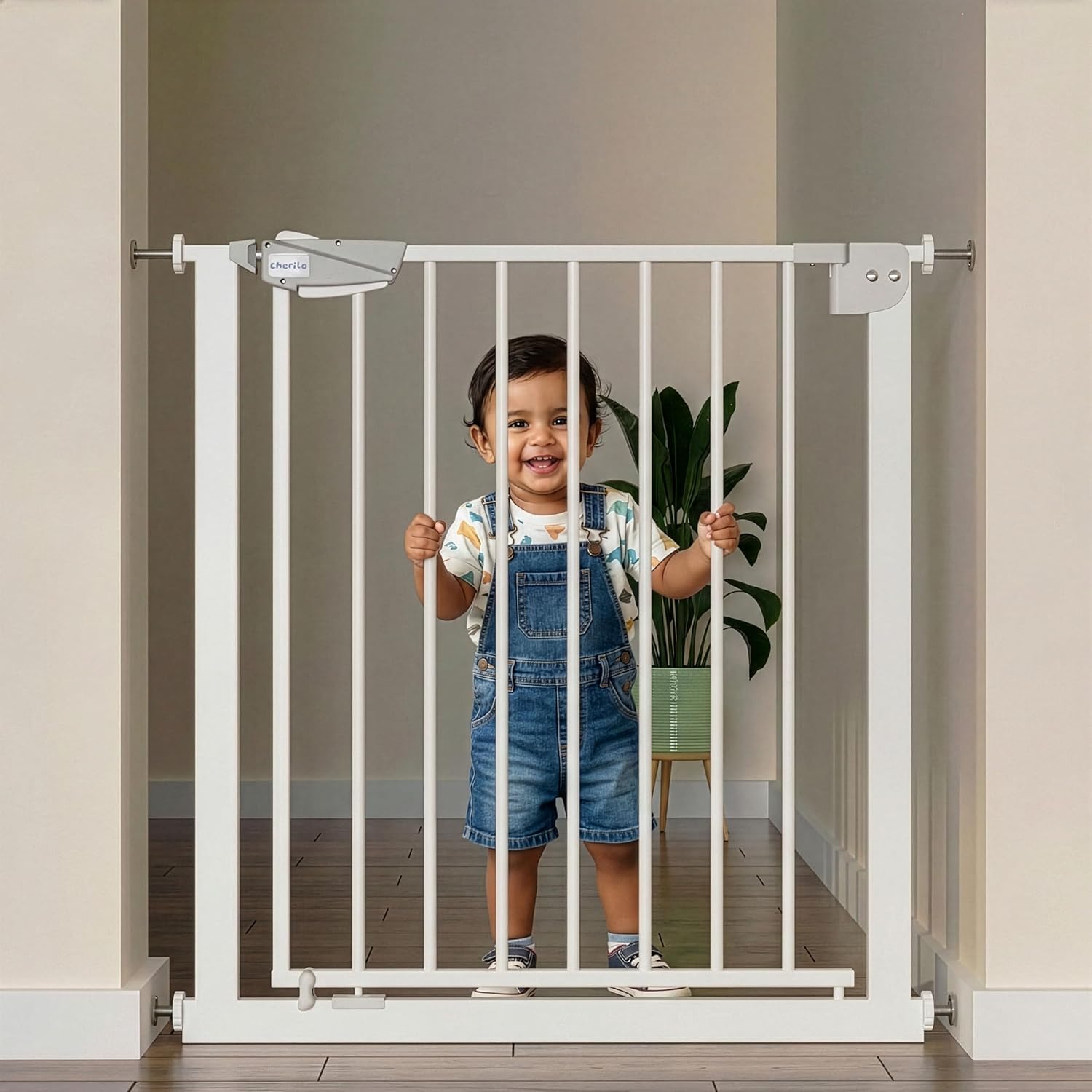 Cherilo Baby Safety Gate for Kids & Pets (Fits 75–85 cm) | 1 Year Manufacturer Warranty | Pressure Mounted Safety Gate for Kids Home | Adjustable, Auto-Close, No-Drill Installation – White