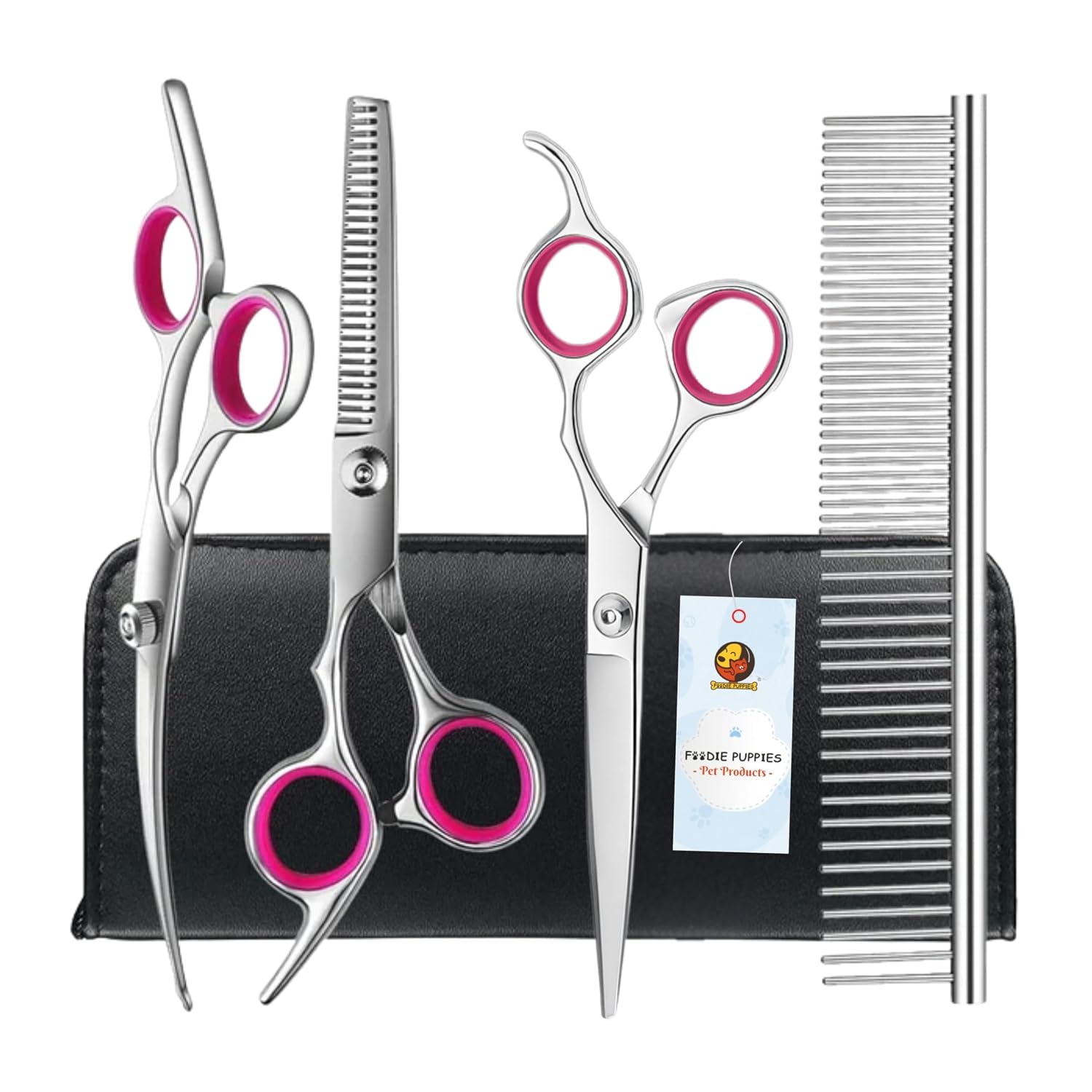 Foodie Puppies Stainless Steel Professional Dog Grooming Scissors Set – (4 pcs) Thinning, Curved, Round Tips Straight Scissors and Comb for Long Short Hair for Dogs and Cats