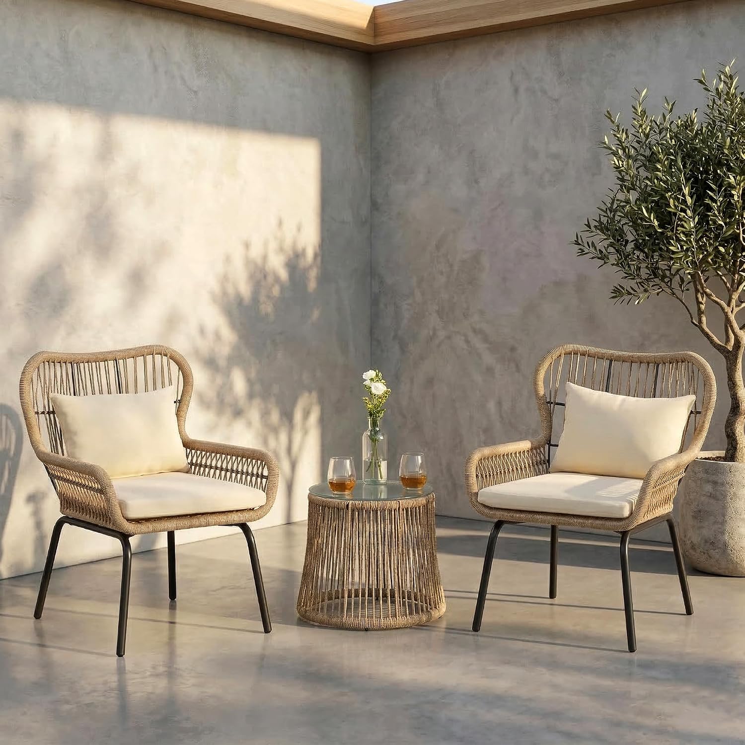 BRISHI Braid & Rope Garden Patio Seating Chair and Table Set Outdoor Balcony Garden Coffee Table Set Furniture with 1 Table and 2 Chairs Set with Cushion (Beige-Cream)