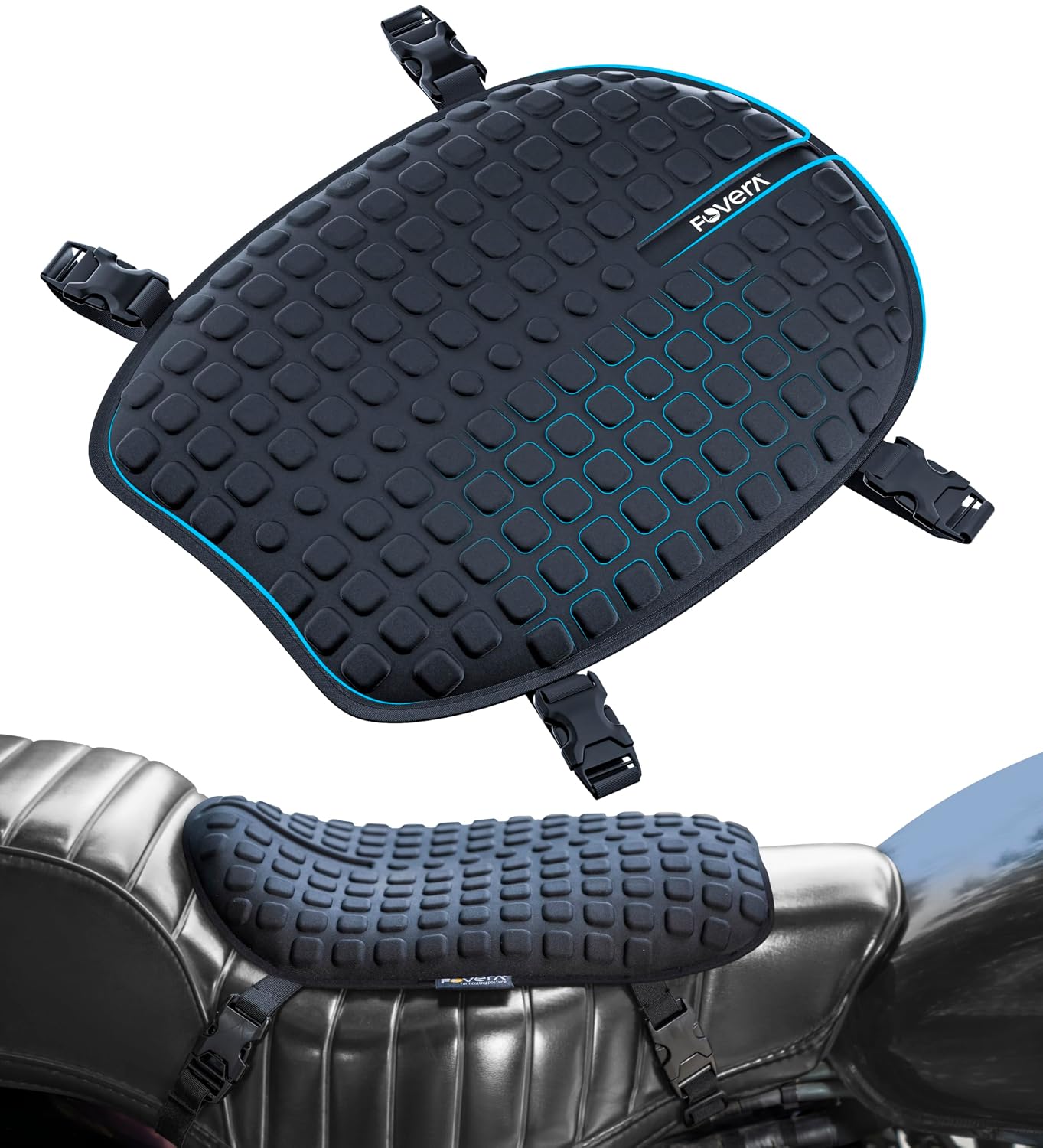 FOVERA Motorcycle Gel Seat Cushion – Supports Sit Bones, Tailbone, and Buttock Muscles – Massaging Gel Absorbs Micro-Shocks and Road Jerks, Suitable for All Motorbikes (Black)