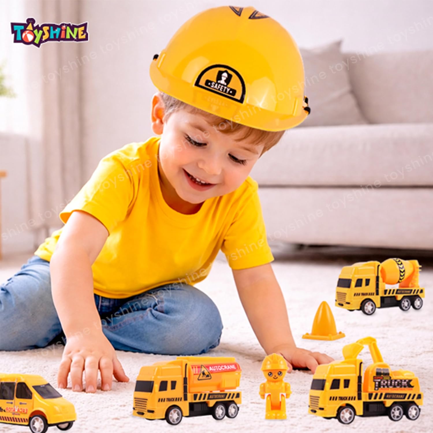 Toyshine 11Pc Construction Site Play Toy Set | 5 Pc Pull Back Truck Toys | 3 Pc Road Sign Toys & 1 Pc Helmet Pretend Play Set for Toddler Boys Girl Ages 3+