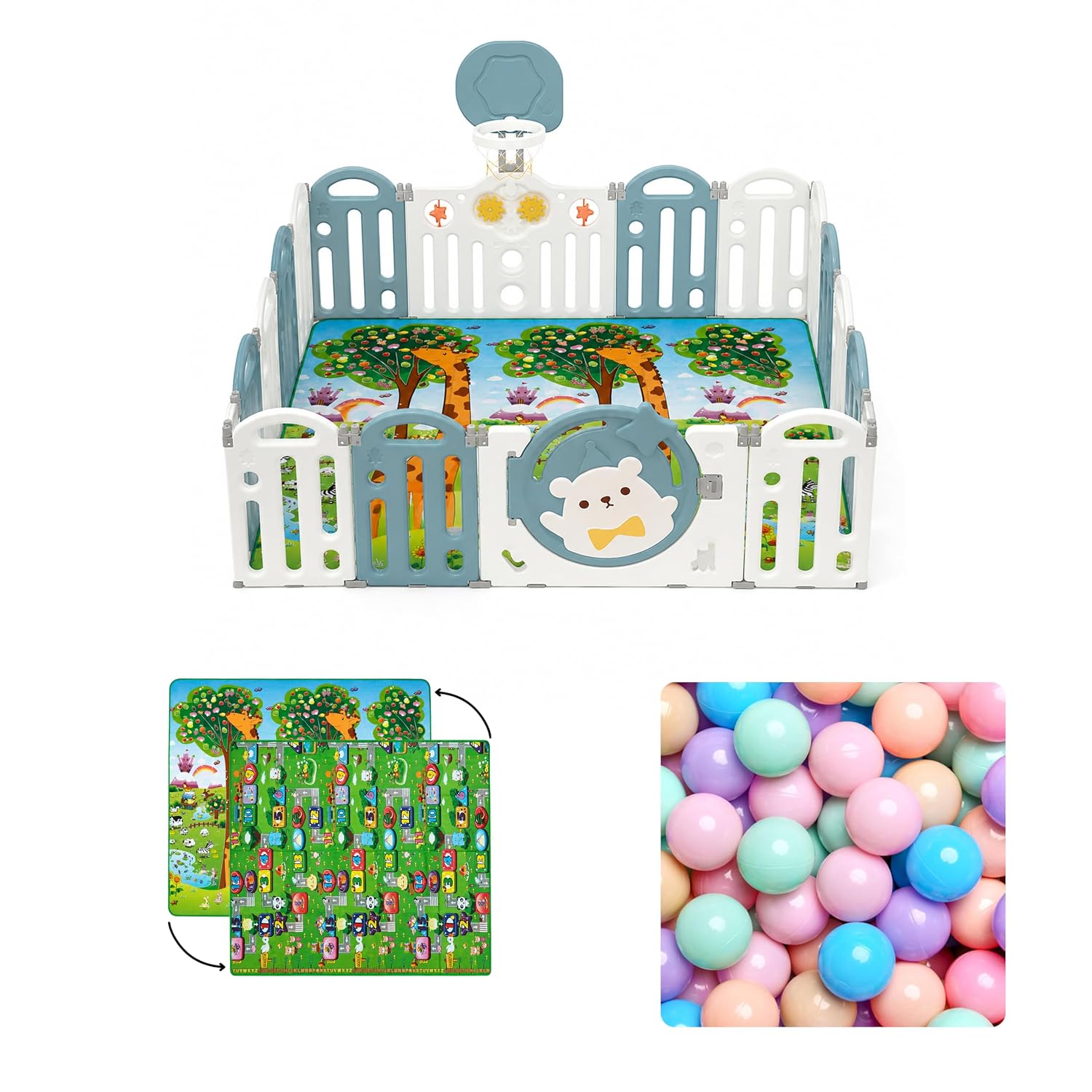 Kids Station Blue Bear Large Playpen with Playmat, Hoop & 20 Balls Included, Safe Play Yard for Infants & Toddlers 180 * 200, Easy Assembly, Anti-Slip Base