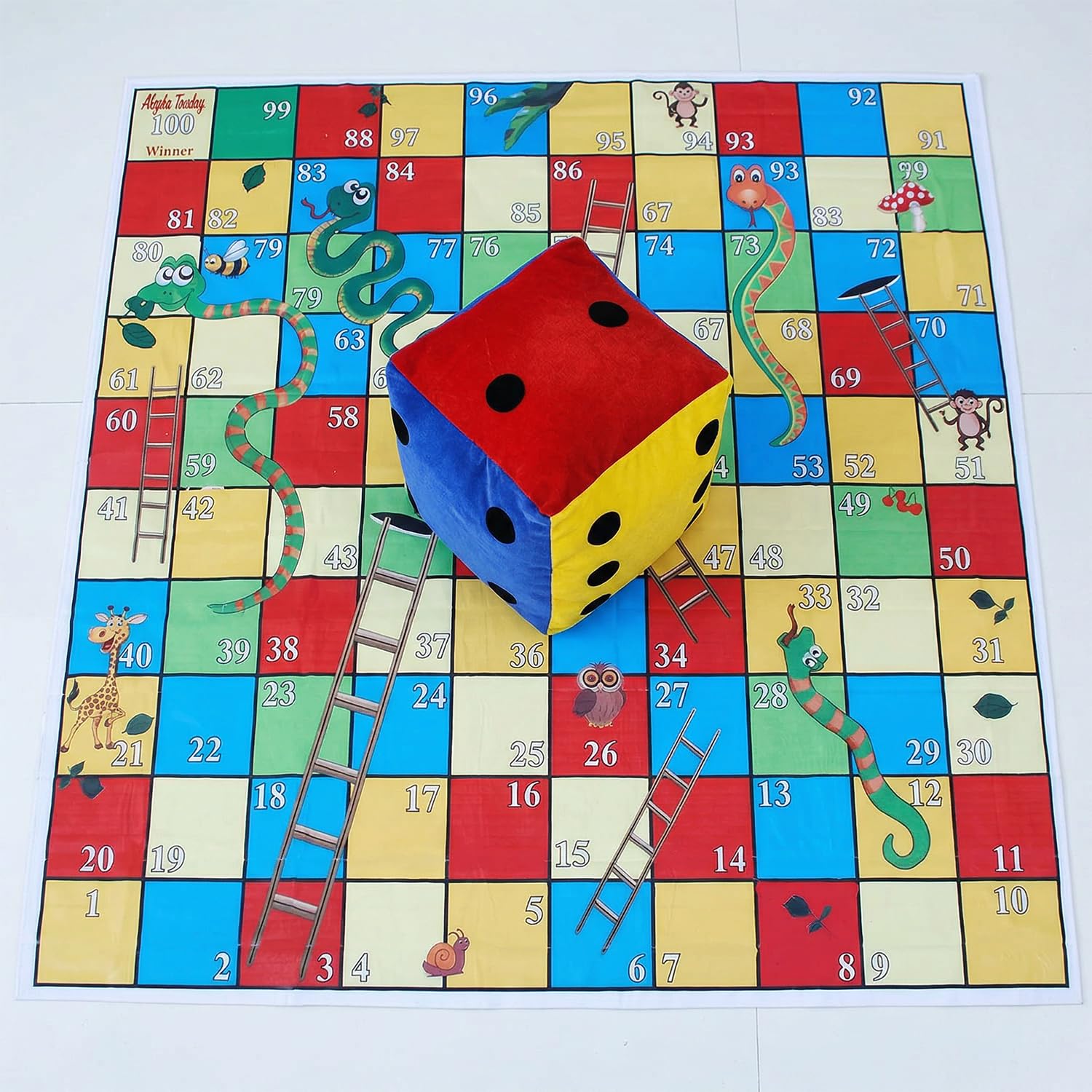 Atpata Funky All 100 Blocks 10X10 Feet Giant Outdoor Snakes & Ladders Lifesize Floor Game Mat with Jumbo Dice (Jungle Theme)