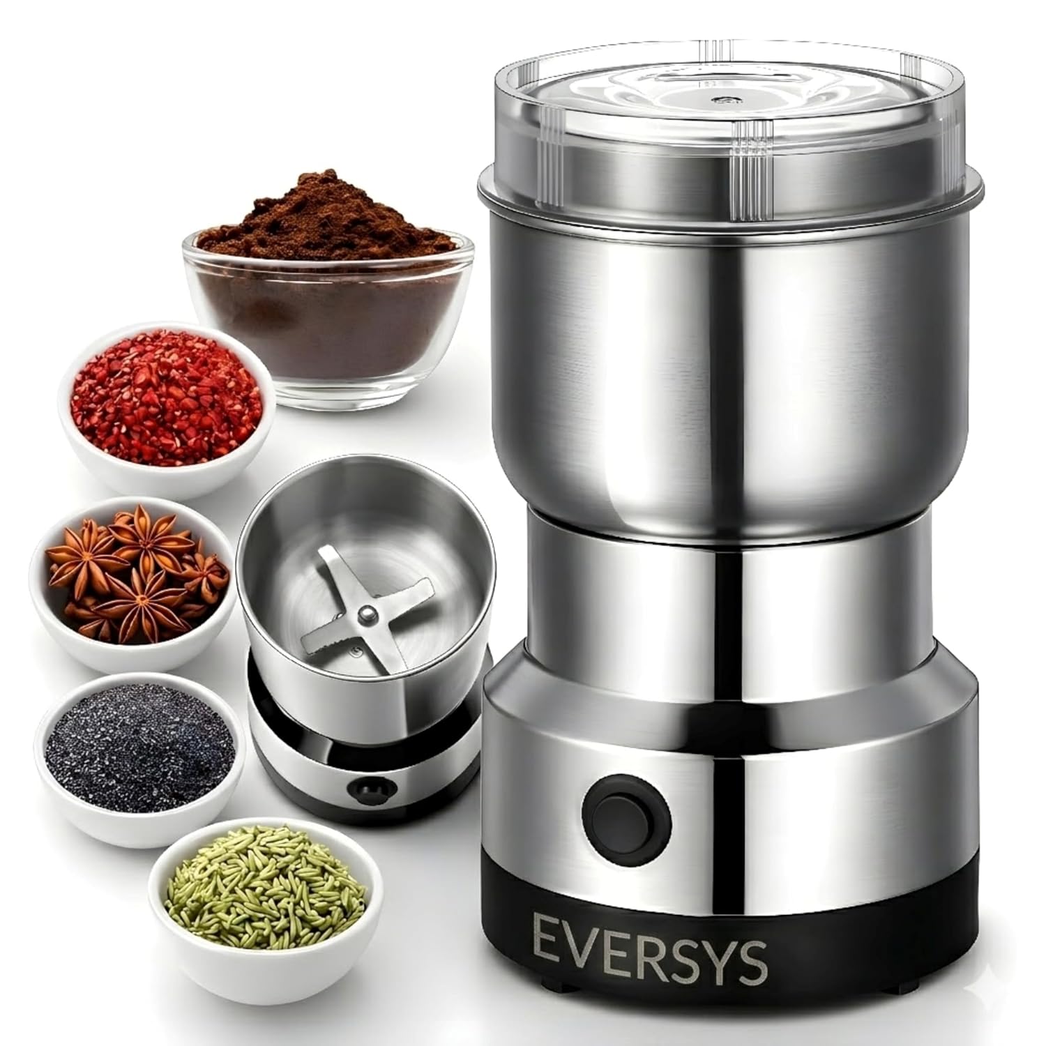 andrew james Spice Grinder Electric 150W | Mini Mixer Grinder Small Size for Coffee Beans, Masala & Dry Grinding | EVERSYS Portable Mini Grinders Machine for Kitchen with Approx. 100g Capacity