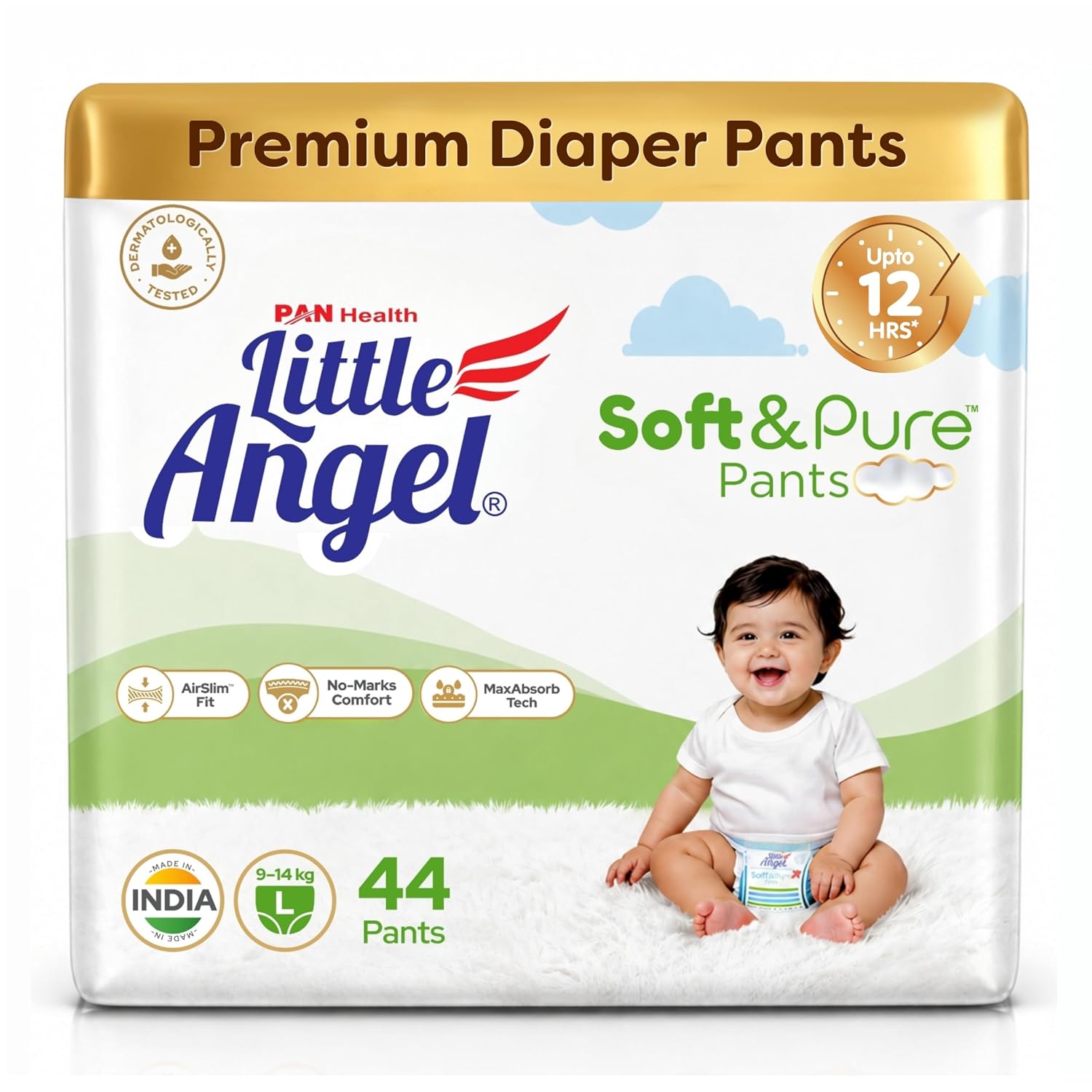 Little Angel Soft & Pure Premium Baby Diaper Pants | Large (L) – 44 Count (9-14 Kgs) | With BreathableAir Layers for Rash-Free Comfort, Lightweight AirSlim Fit, No-Marks Soft Waistband, MaxAbsorb Dry Protection & Calendula Extracts for Baby’s Soft Delicate Skin