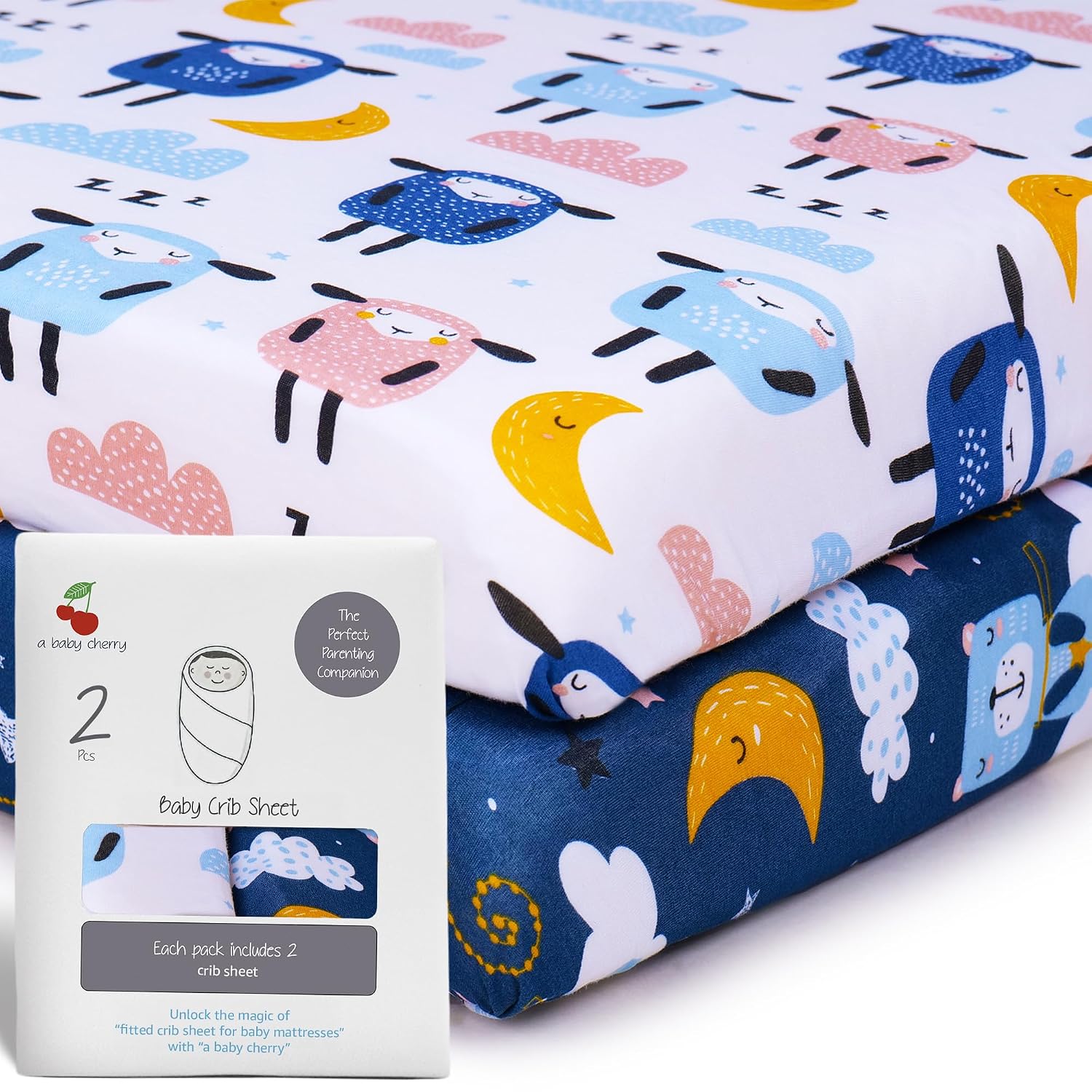 A Baby Cherry Fitted Crib Sheet 100% Organic Jersey Cotton 125 * 65CM, 2 Pack Super Soft and Cozy Crib Cover Set for Toddler Mattress, Crib Bedsheet for Boys & Girls