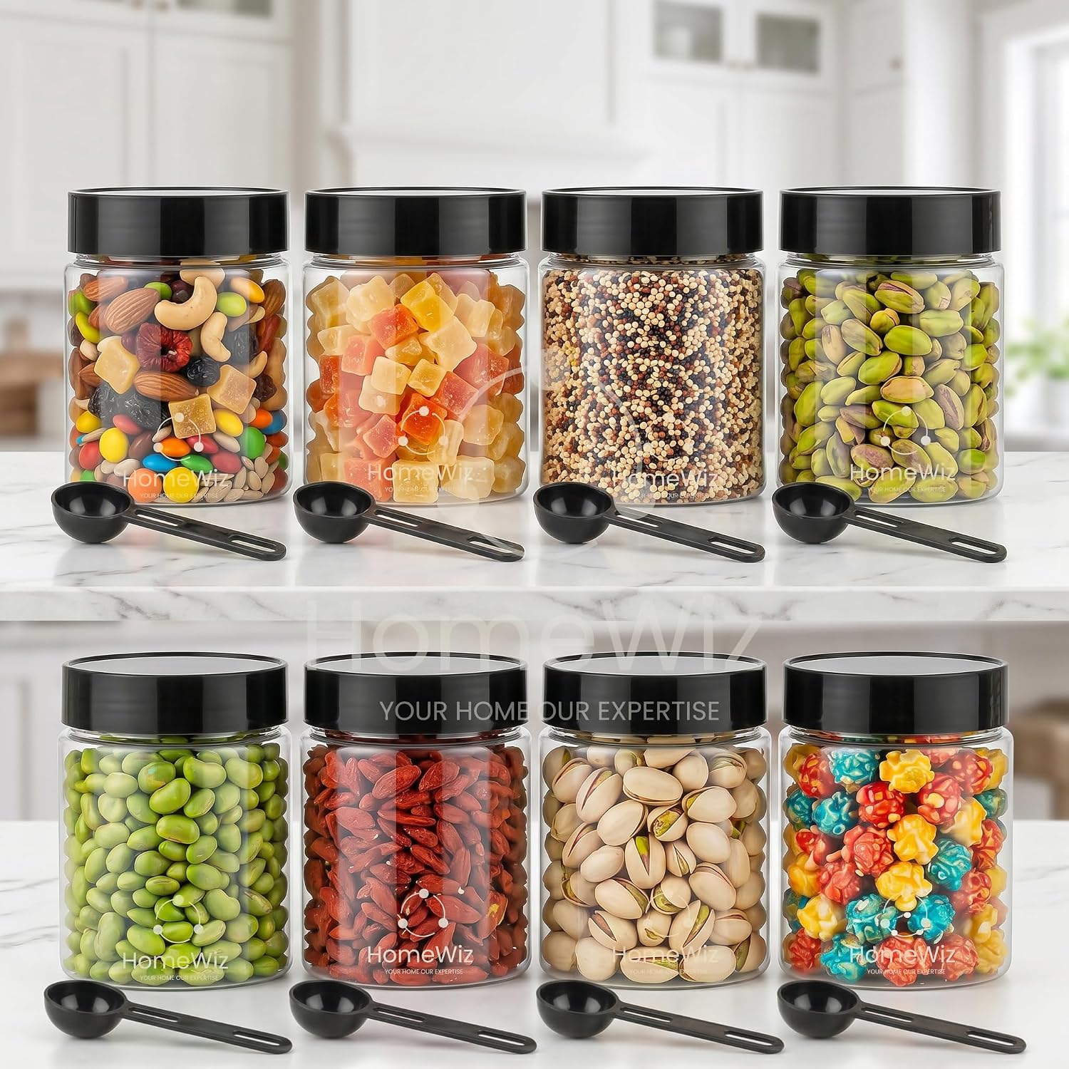 HomeWiz Airtight Kitchen Storage Box 250ml Pack of 8 | Food Grade BPA-Free Kitchen Jars | Storage & Containers Set | Masala Container Set | Unbreakable Plastic Container Set | For Spices & Pulses