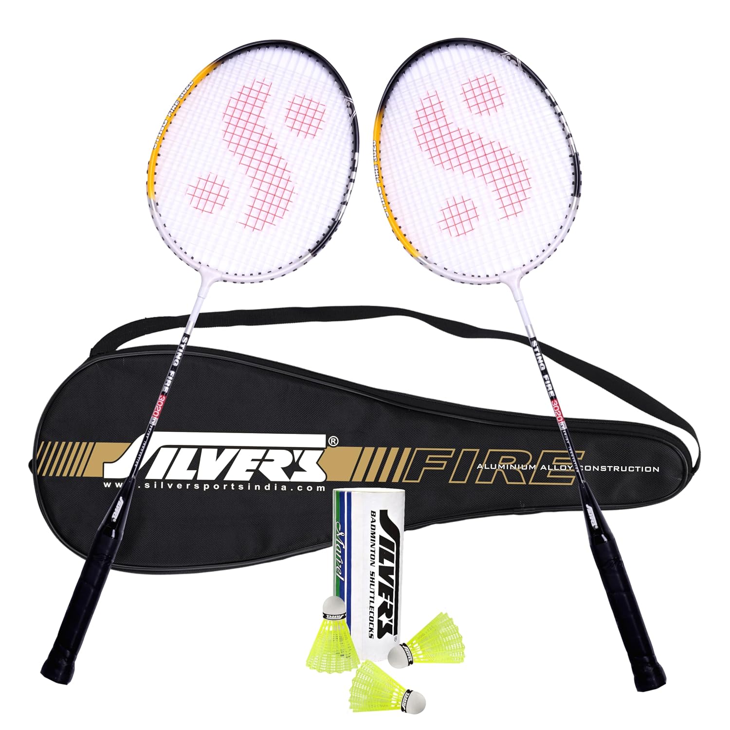 Silver’s Aluminium Fire Badminton Kit (2 Racquets with Full Cover, 1 Box Shuttlecock Pack of 3) Black, Aluminium, FIRE Combo 2 with Nylon Shuttle, Black/White