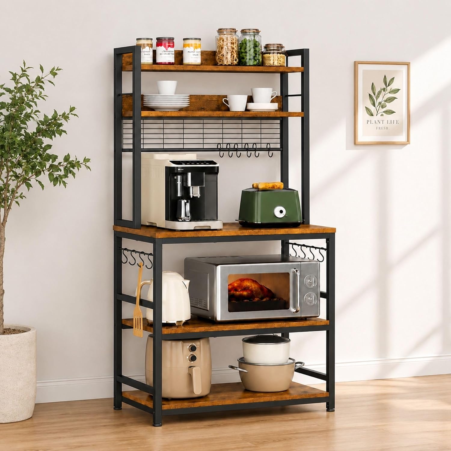 5-Tier Kitchen Organizer Rack-Multipurpose Microwave Stand for Kitchen Platform & OTG Oven-Steel Utensils Storage Shelf with Hooks – Engineered Wood & Metal Rack for Home- 80x40x170 cm – Rustic Brown