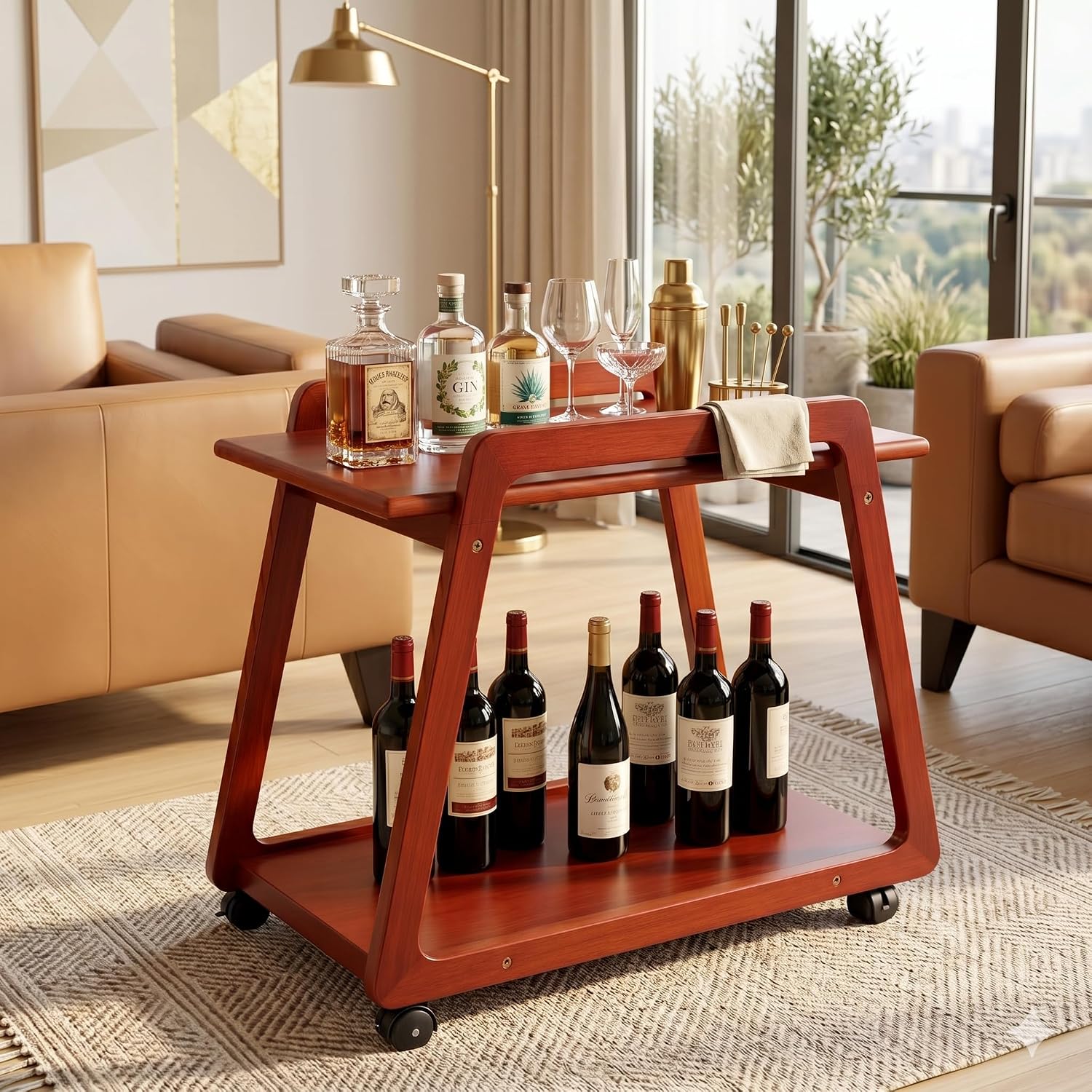 Premium Solid Wood Multipurpose Kitchen Trolley & Serving Cart with Wheels | Portable Side Table for Living Room & Office | Stylish Wooden Furniture with Smooth Rolling Casters-Walnut