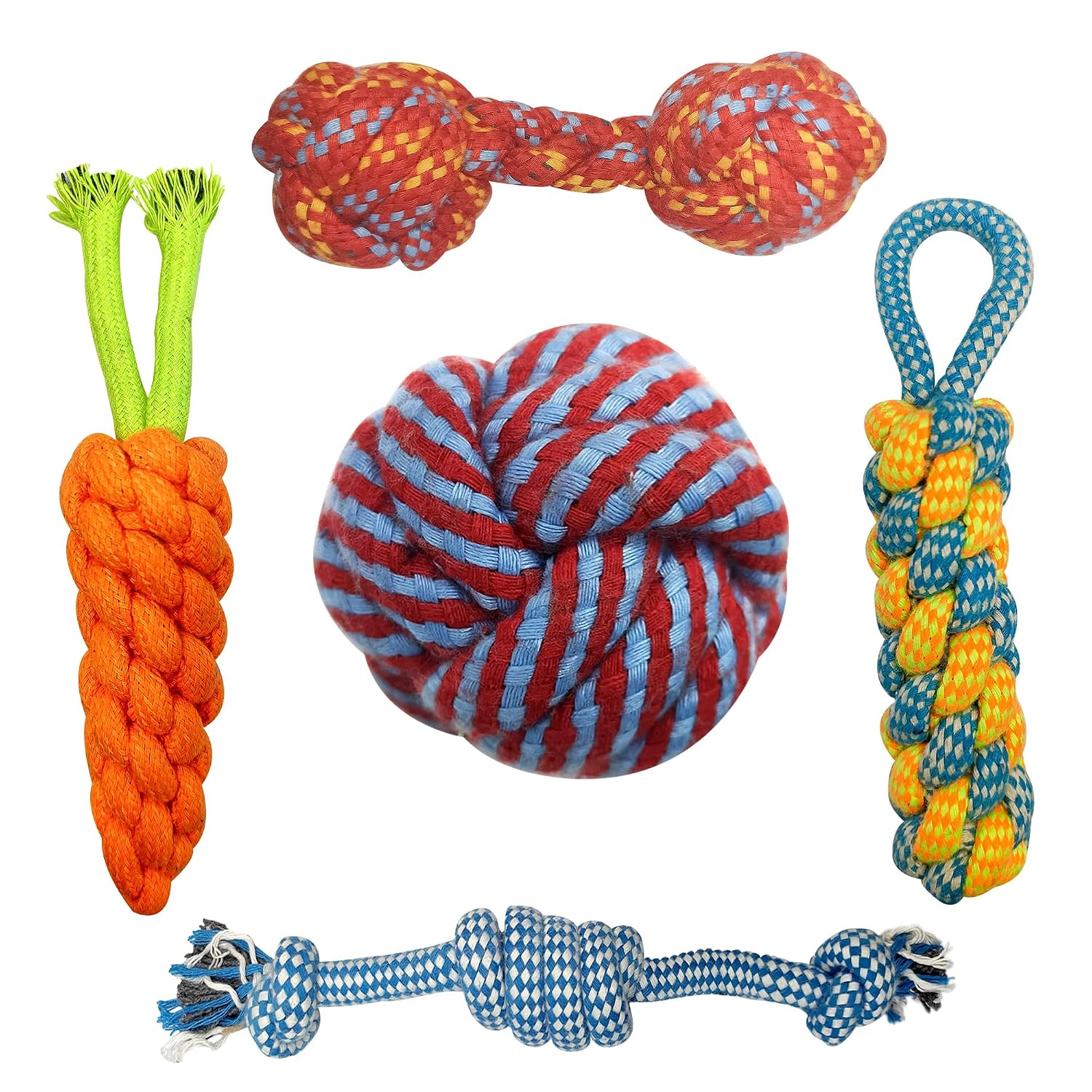 PET WORLD Dog Chew & Teething Combo Pack of 5 | Rope & Cotton Play Items | Washable, Durable | Multi-Colour for Small & Medium Dogs