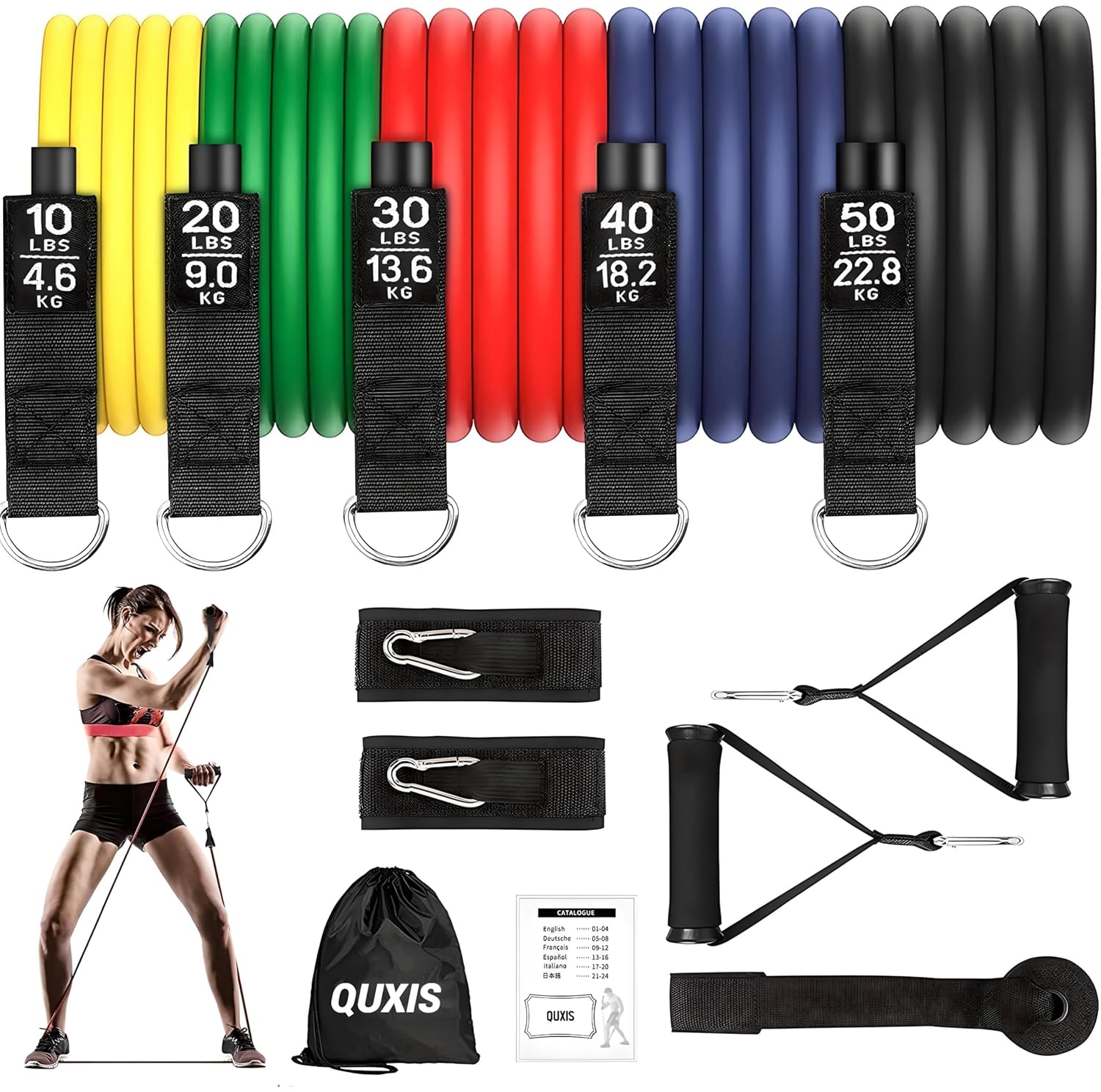 QUXIS Resistance Tube for Men and Women [Upto 45Kg] | Resistance Band Set & Exercise Bands | Resistance Band for Pull Up | (11 Pieces Tube Set) Gym Equipment for Home Workout | Natural Rubber