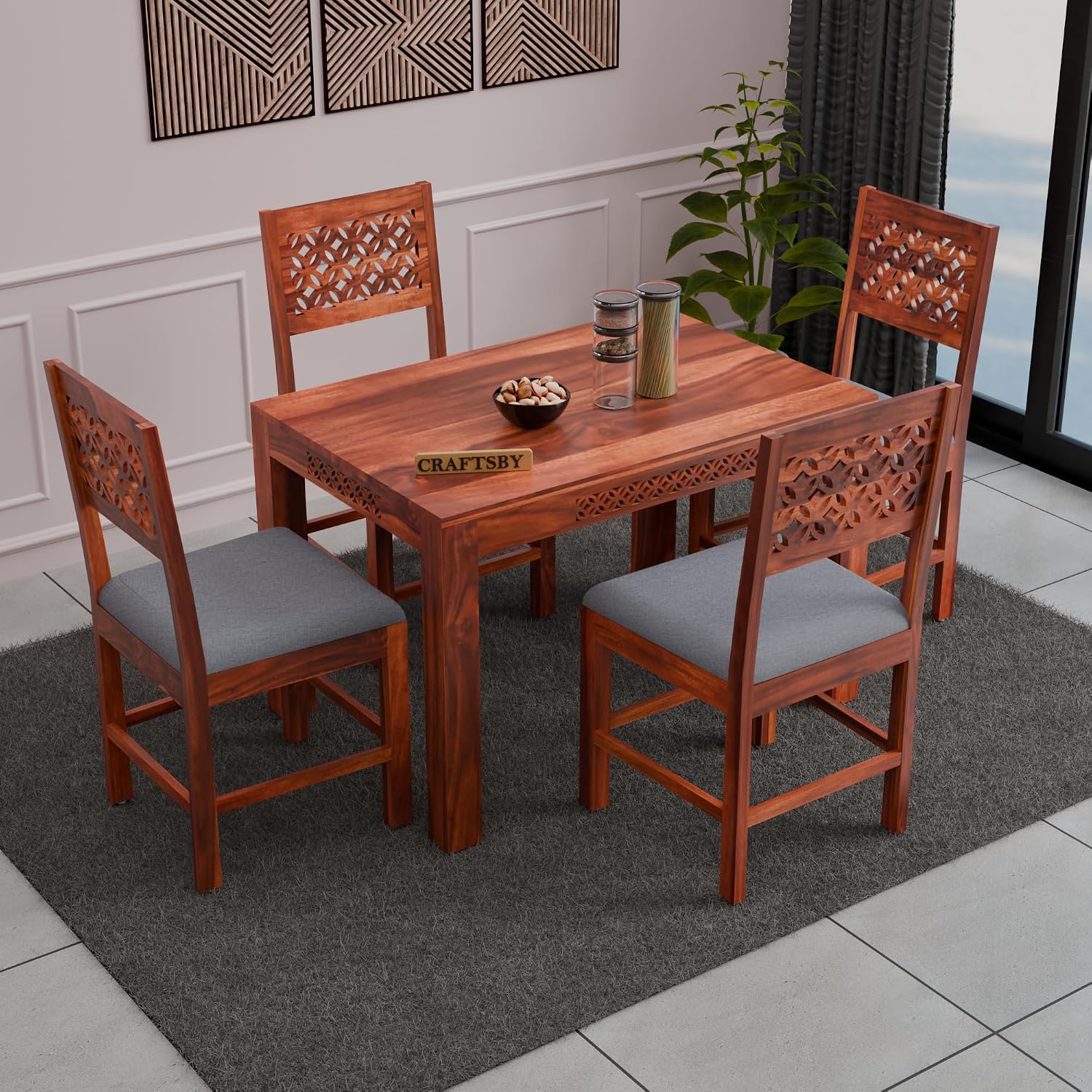 45 Inch Length Solid Sheesham Wood 4 Seater Dining Table Set | Four Seater Dinner Table with 4 Cushions Chairs | Dinning Table Set 4 Seater for Living Room | Table & Chair Set | Honey Finish