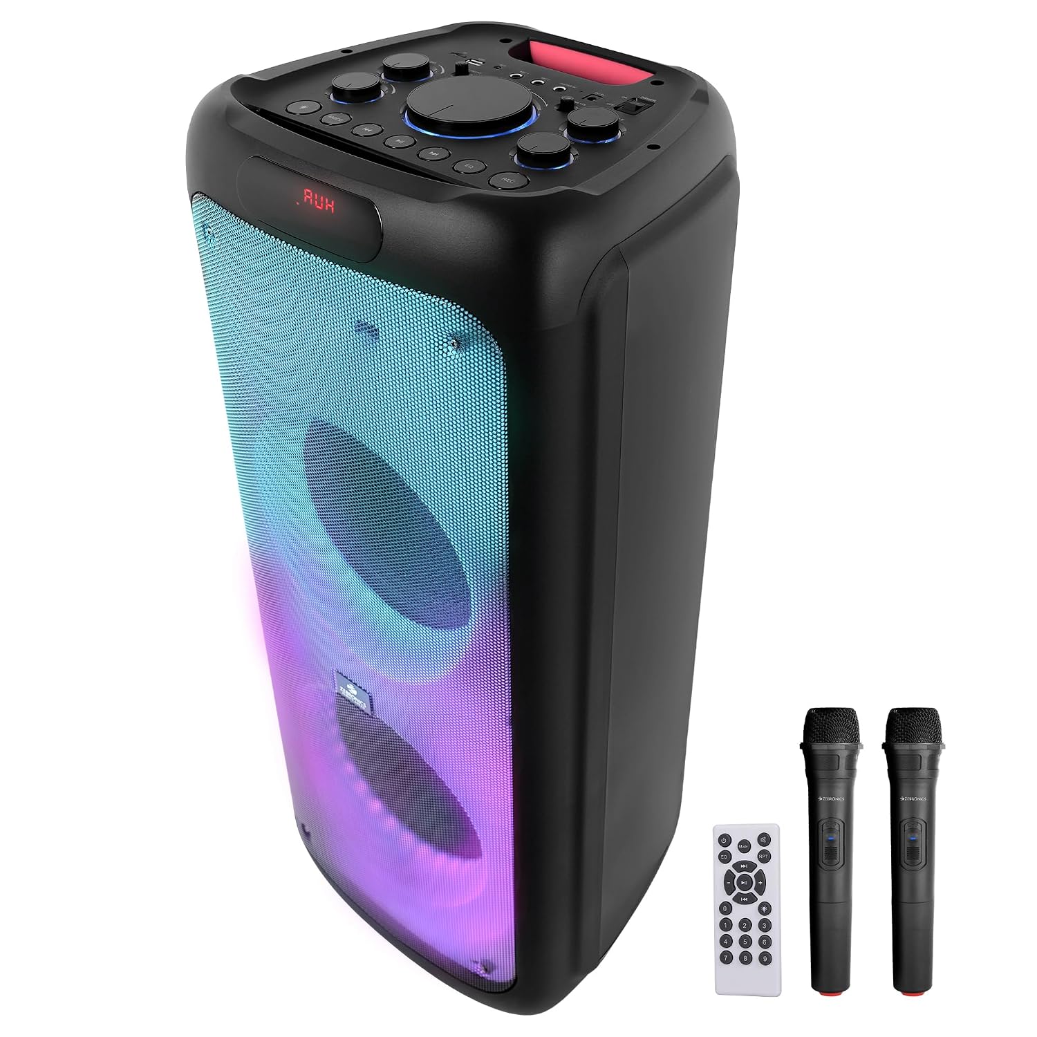 ZEBRONICS 120 Watts Party Speaker with 2 Wireless Mic, 7 hrs Playtime, Karaoke & Recording Function, TWS, Bluetooth, USB, AUX, mSD, RGB Modes (Thump 700)