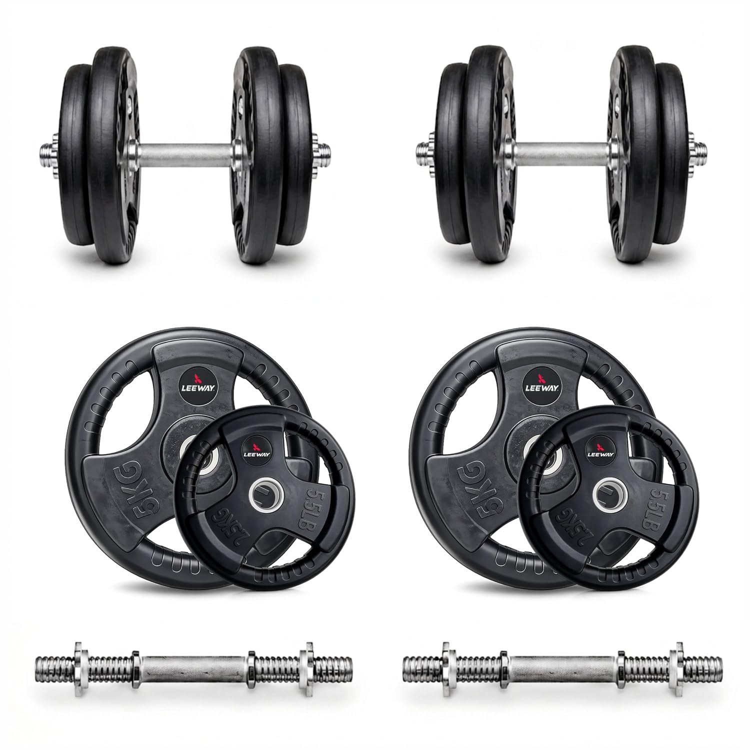 Leeway Adjustable Dumbbell Set 40kg (2.5X8+5X4) | Rubber Coated Round Dumbbells Set for Home Gym Workout | 31mm Weight Plates | Professional Gym Weights | Rubber Weight Plates for Men & Women